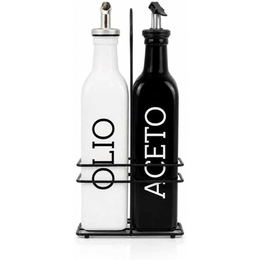 Image of Cecaro Group 500ml Glass Oil And Vinegar Dispenser Set With Metal Stand - 500ml Oil And Vinegar Set With Spout, Oil And Vinegar Dispenser
