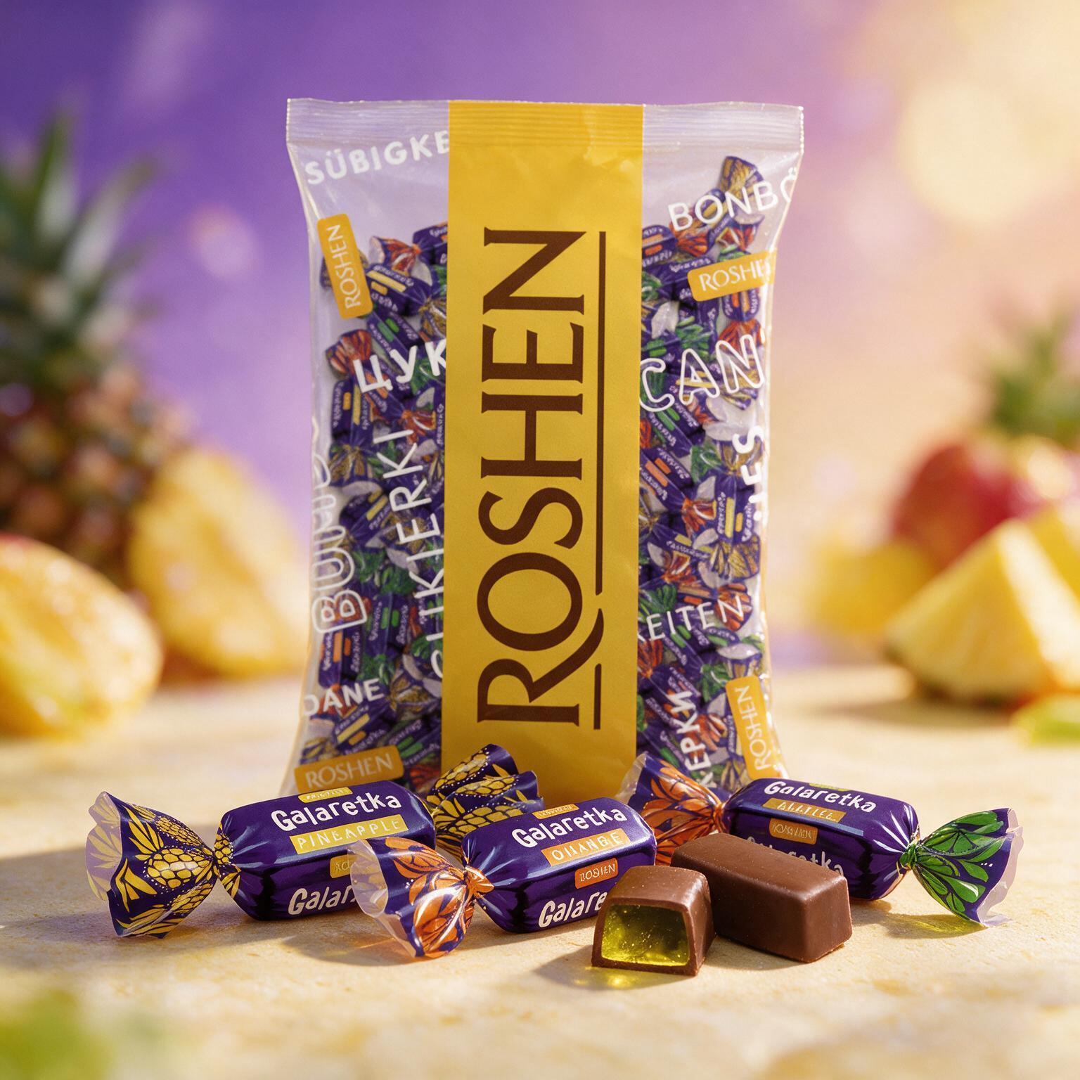 Image of Roshen - Tropical Jelly Confectionery - Galaretka, In Cocoa Containing Fat Glaze Pralines 1000g - Jelly Mix With Orange, Lime, And Pineapple Flavor In Cocoa Containing Fat Glaze