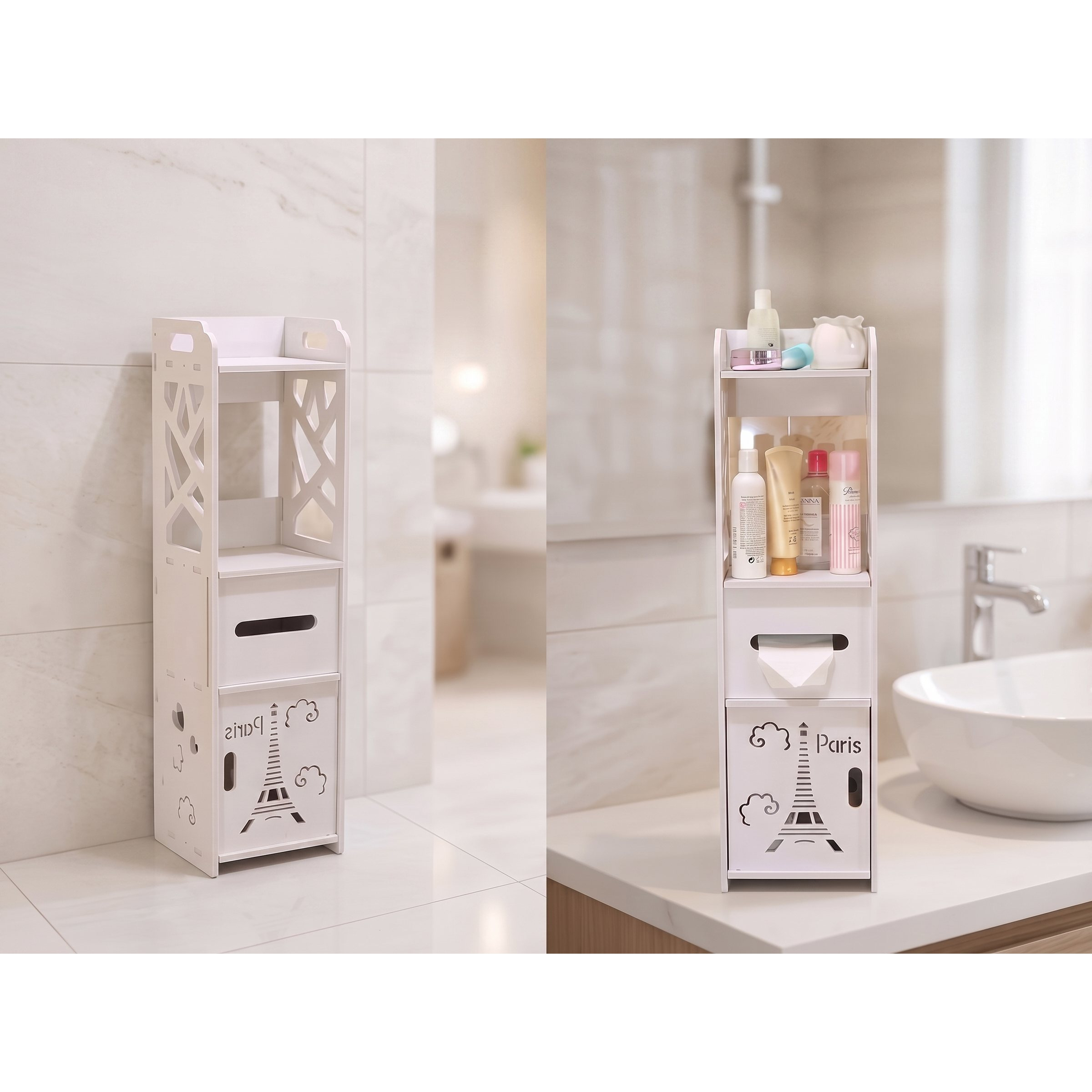 TEMU Mobiletto Bagno Salvaspazio 80�22�20 cm con Porta Carta e Anta �� Scaffale Organizer Stretto con Ripiani, Mobile per Cosmetici, Asciugamani e