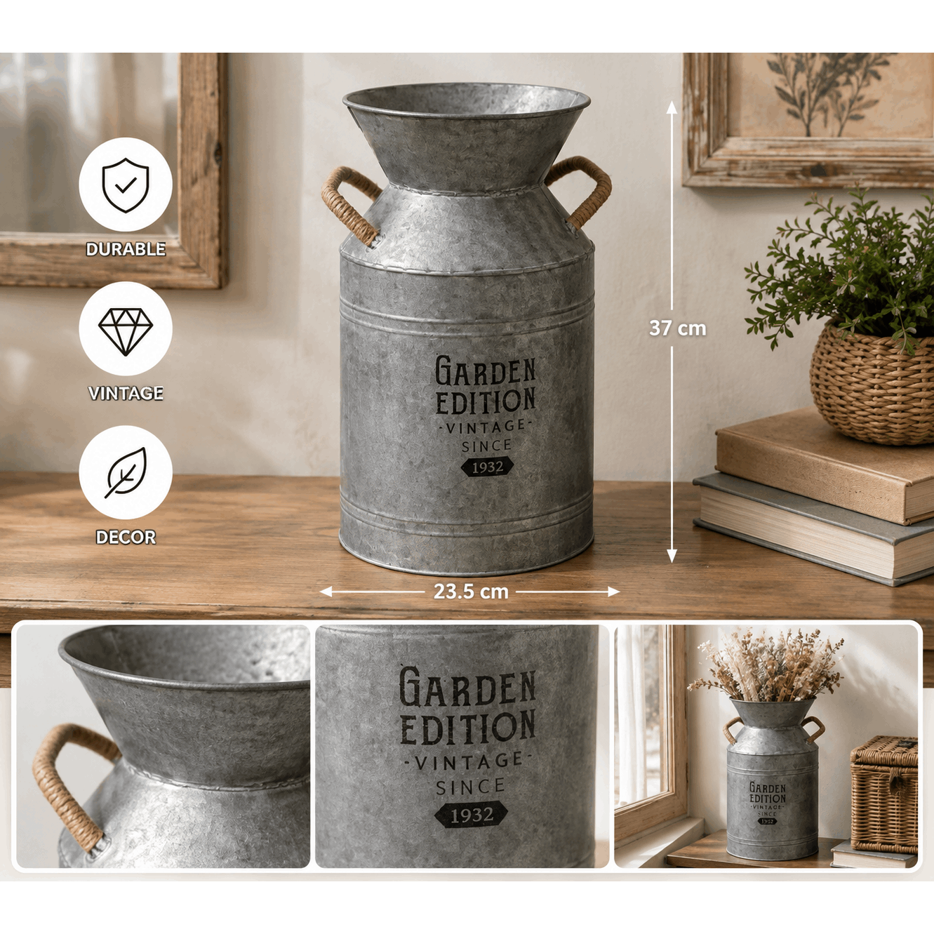 Image of Decorative Vintage Metal In Grey - H 37 Cm - Farmhouse Style Vase With Handles