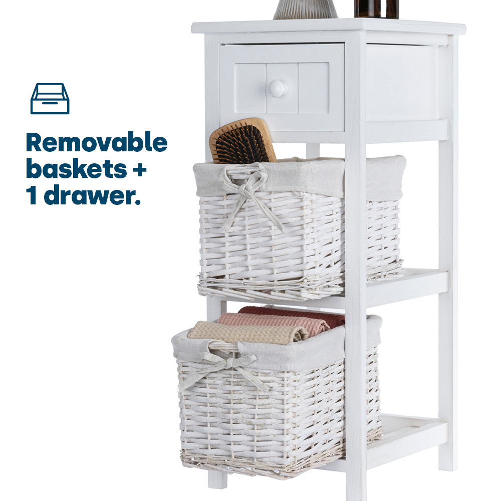 Wicker 2-Tier Bedside Table Unit, White