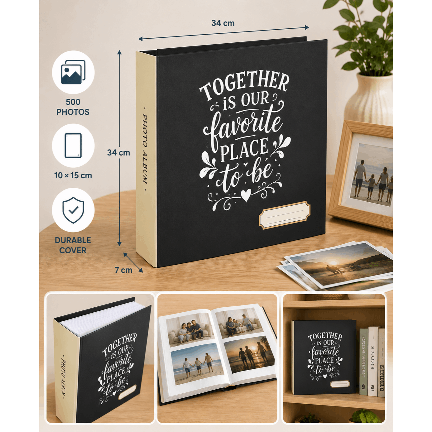 Image of Family Photo Album 500 Photos 10 × 15 Cm – Large Black And Cream Format – Rigid Cover Souvenir Album – 34 ×