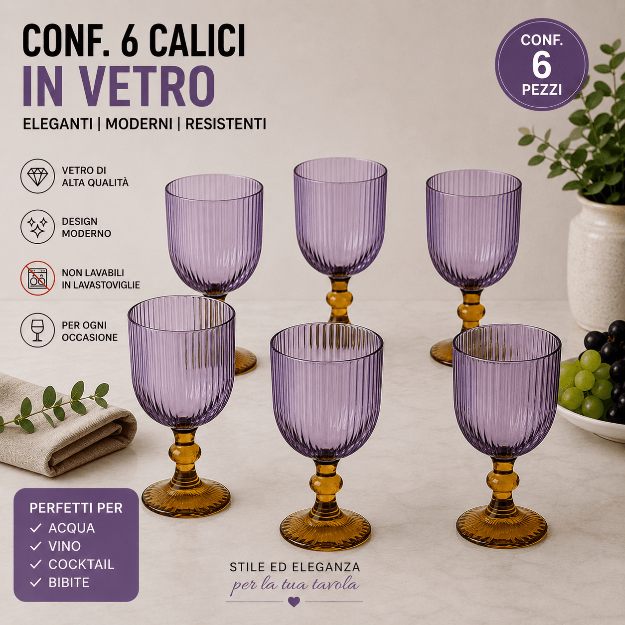 TEMU Set Of 6 Ribbed Colored Glass Stemware – Elegant And Modern, Perfect For Wine, Water, Cocktails, And Aperitifs, Ideal For Table