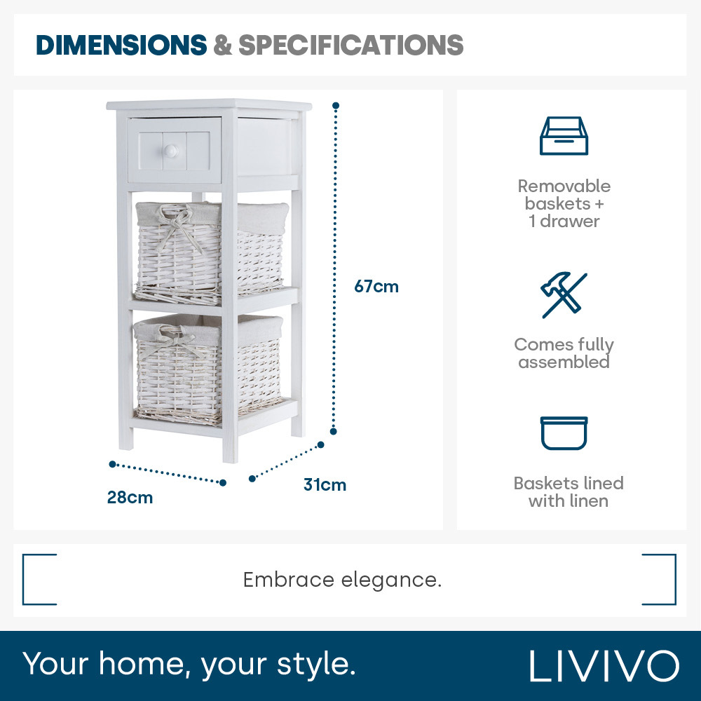 Wicker 2-Tier Bedside Table Unit, White