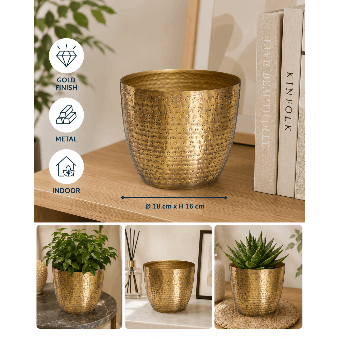 Round Golden Metal Planter – Decorative Pot Ø 18 × H 16 Cm – Textured Finish For Plants And Home Décor