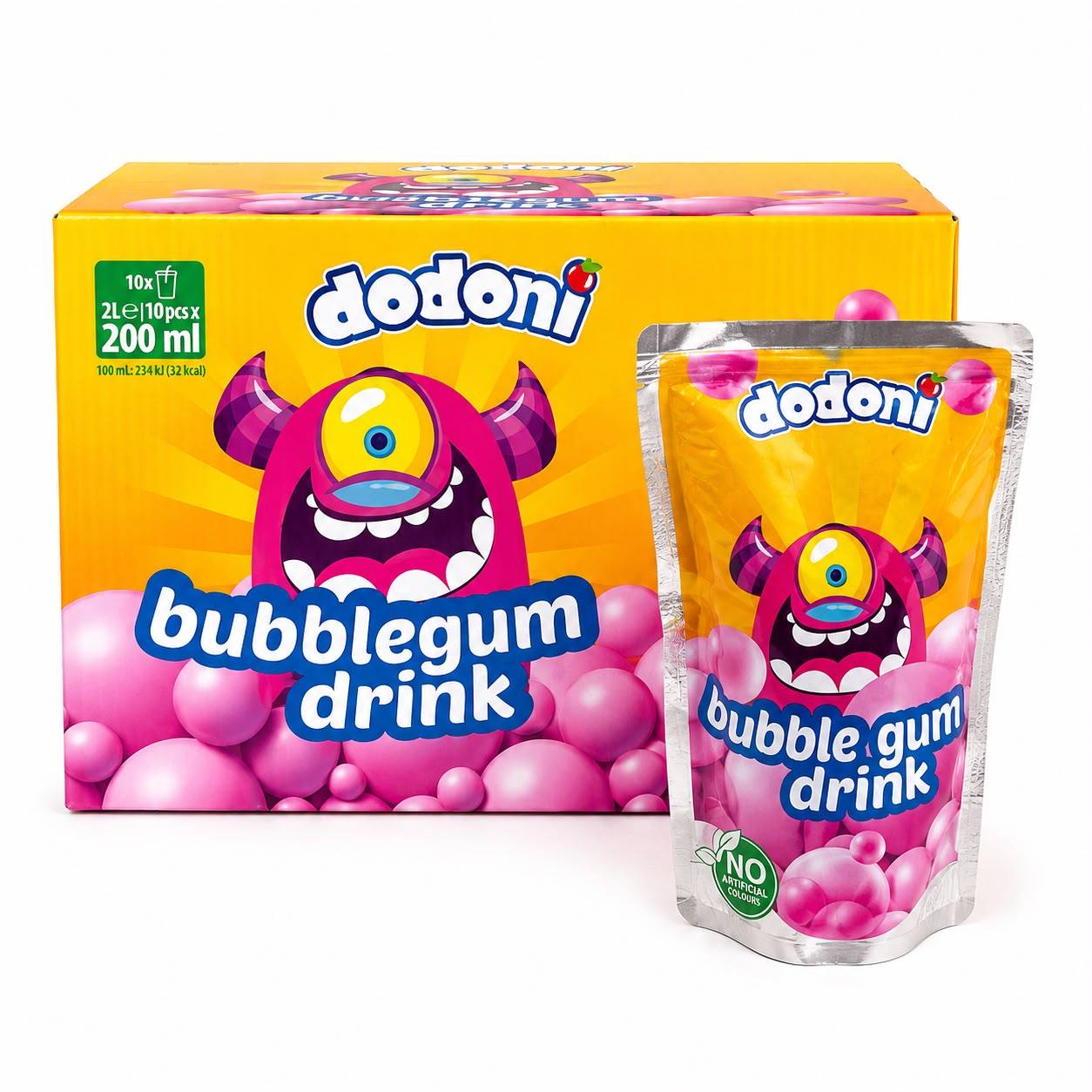Image of Dodoni Fruit Juice Drink Bubblegum Flavor 10 X 200ml - Refreshing Children's Drink In A Drinking Pouch With Straw (10-pack, 2 Liters)
