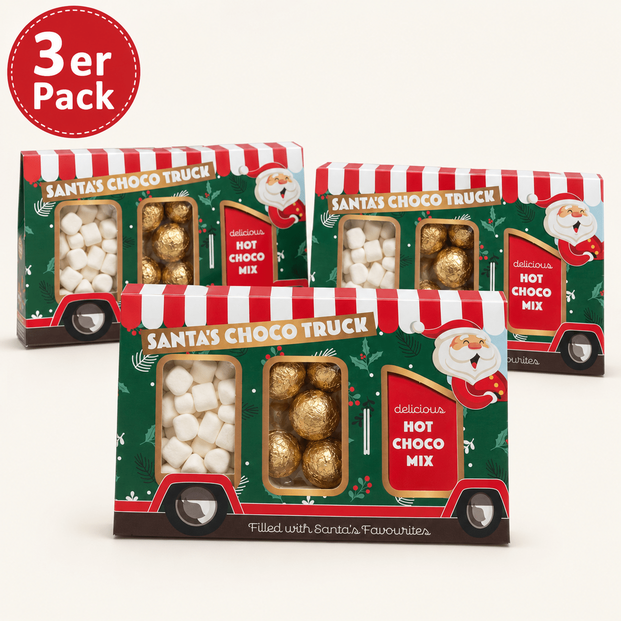 Image of Santa's Choco Truck 3-pack - 3 Christmas Cocoa Gift Sets - Drinking Chocolate, Marshmallows & Chocolate Pralines - 375 G