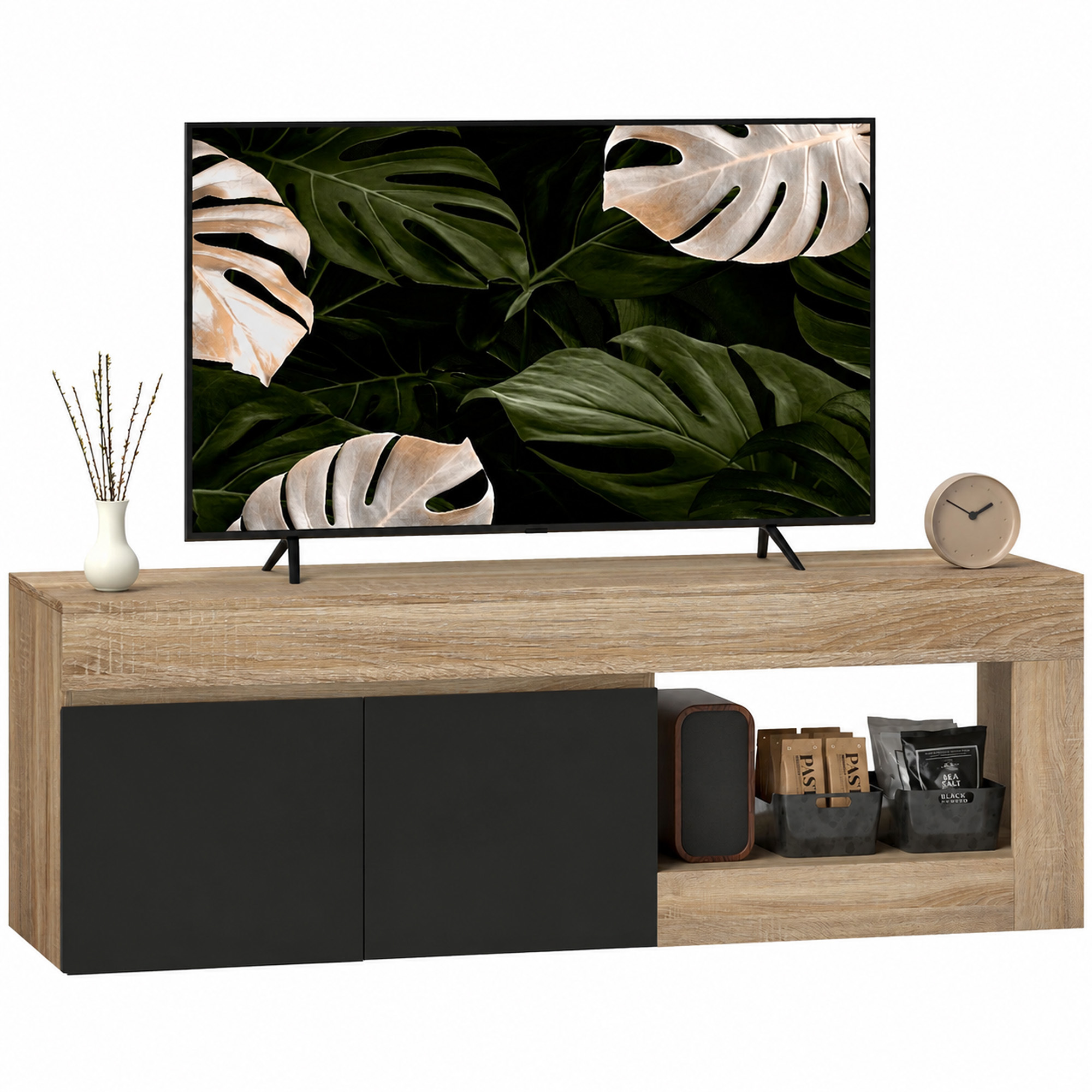 TEMU Meuble TV 140 cm, meuble télé pour téléviseur jusqu'à 60 pouces avec 2 portes à fermeture douce et compartiment ouvert, banc TV moderne pour