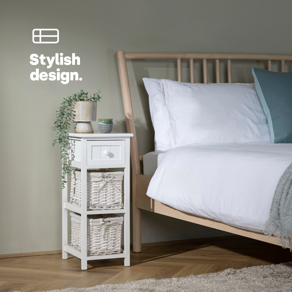 Wicker 2-Tier Bedside Table Unit, White