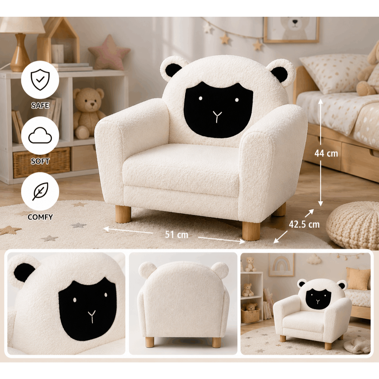 Sheep Fleece White Child Armchair - 1-seater Upholstered Chair With Armrests, Pine Wood Legs, 51 × 42.5 × 44 Cm - Children's Bedroom