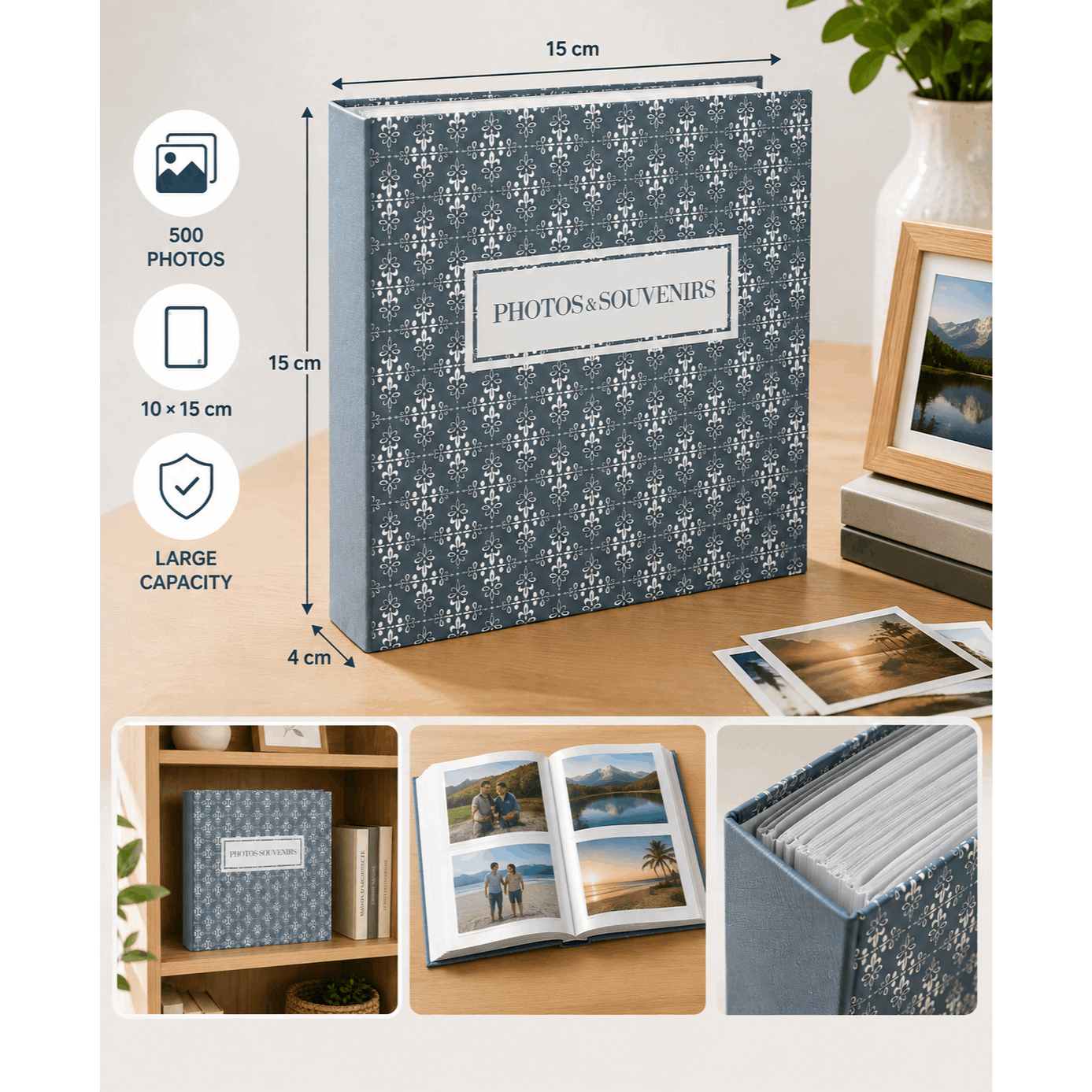 Large Format Photo Album For 500 Photos 10 × 15 Cm, Hard Cover With Blue-grey Pattern, High Capacity For Memories And Photos