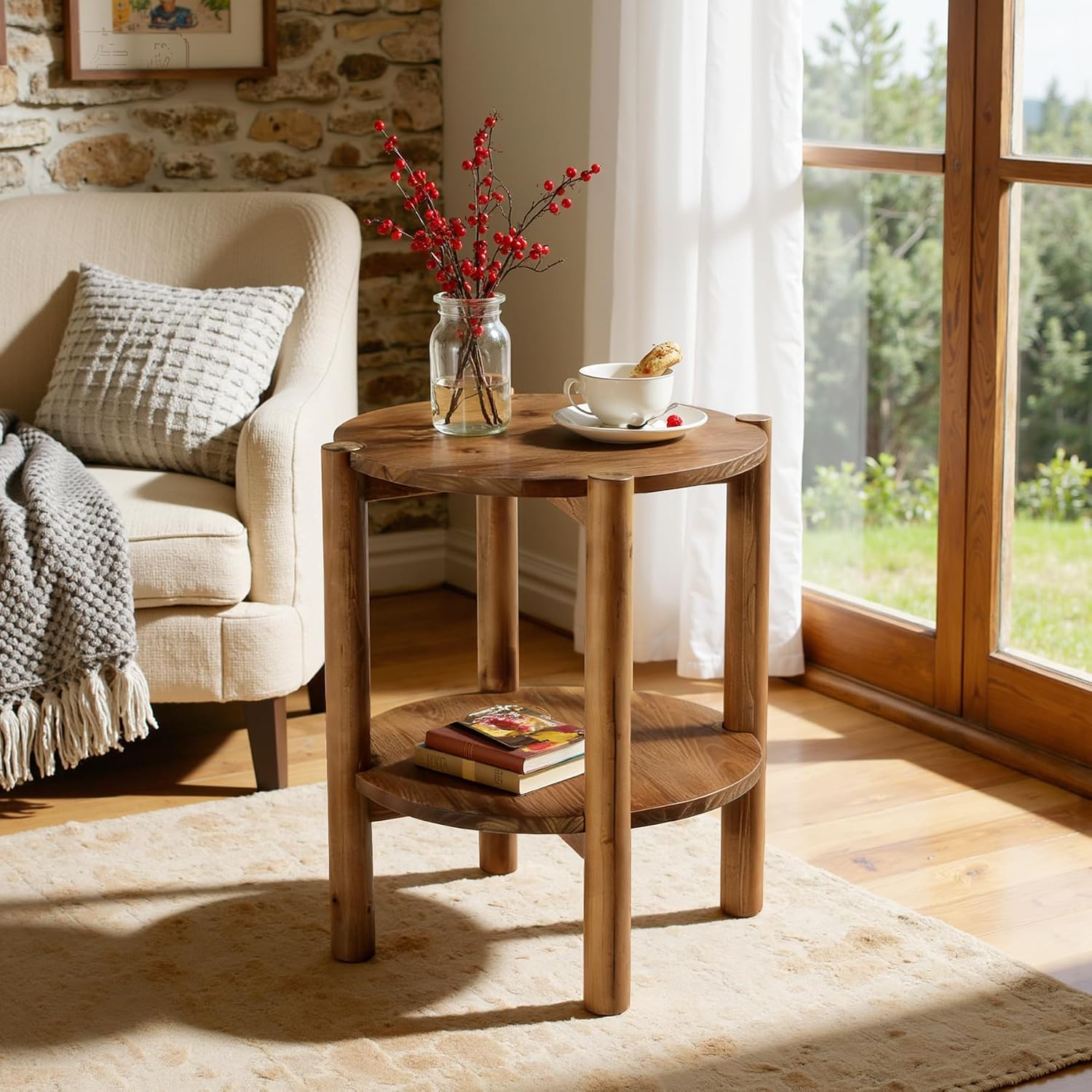 Image of Solid Wood Round Side Table, 2-tier Small End Table With Storage Shelf, Farmhouse Rustic Nightstand, Coffee Table For Living Room, Bedroom, Small Spaces, Easy Assembly ()