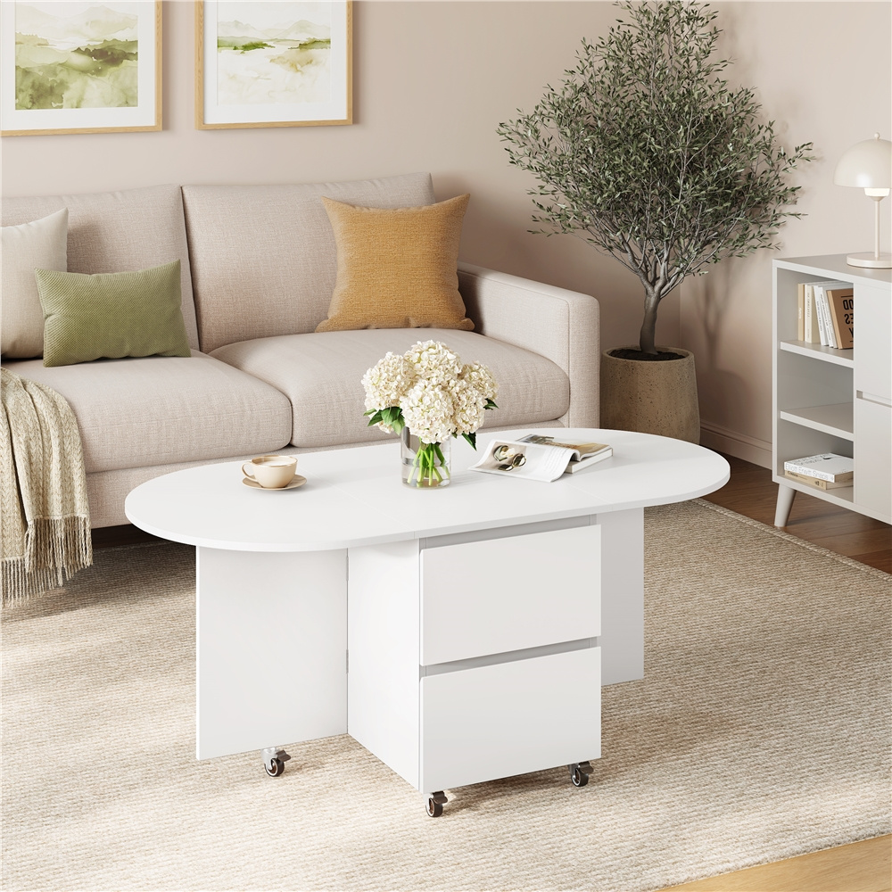 Image of Costoffs Coffee Table With Casters, Foldable Living Room Table With 2 Drawers & 2-tier Storage Oval Coffee Table For Small Spaces, Office &