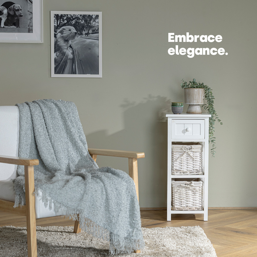 Wicker 2-Tier Bedside Table Unit, White