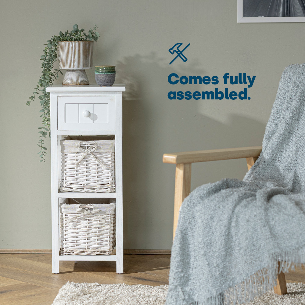 Wicker 2-Tier Bedside Table Unit, White