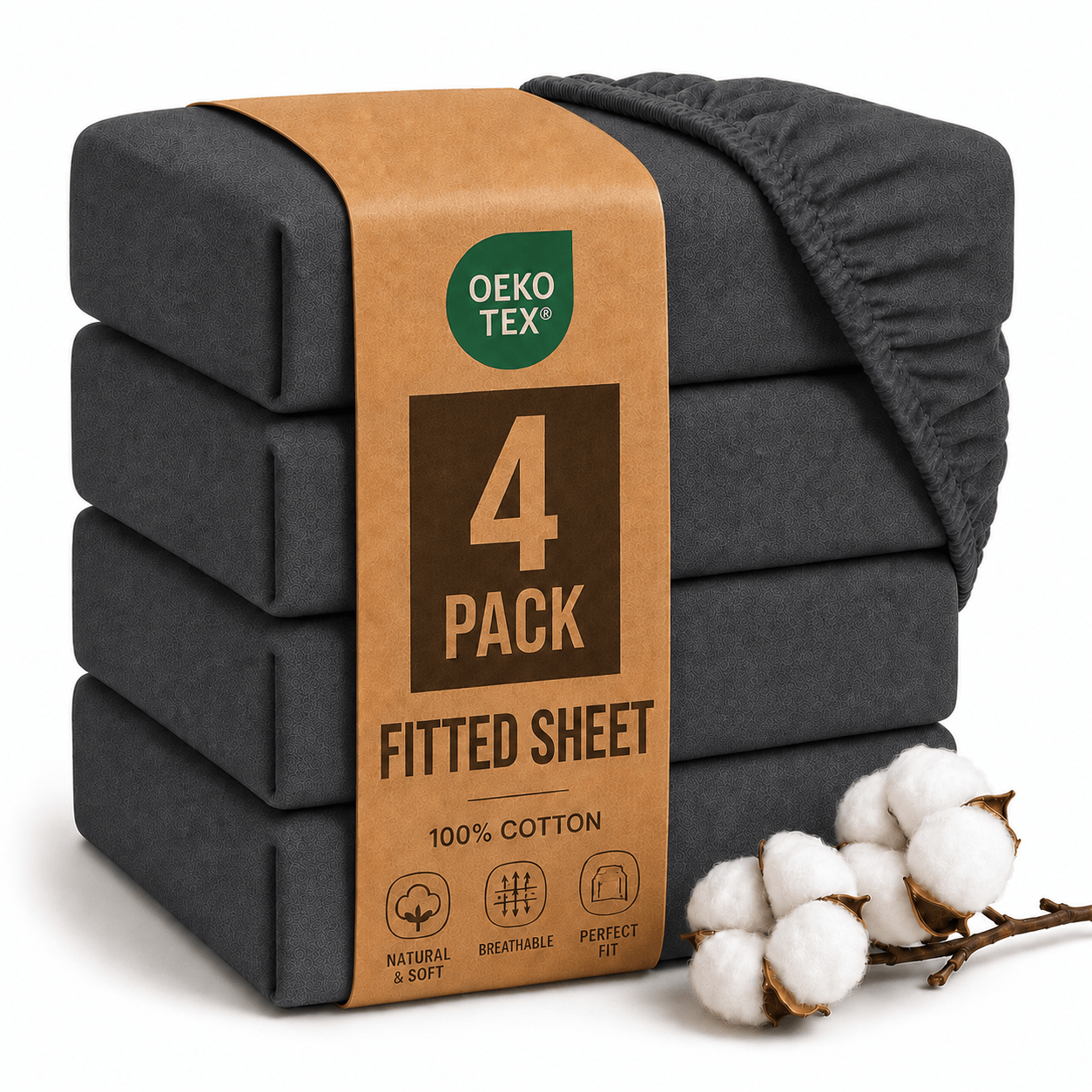 Image of 4-piece Set Fitted Sheets 100% Cotton With Elastic Band, Soft Cotton Fitted Sheets For Mattresses, -tex Certified, 90x200, 140x200, 160x200, 180x200, 200x200 Cm, 13 Colors