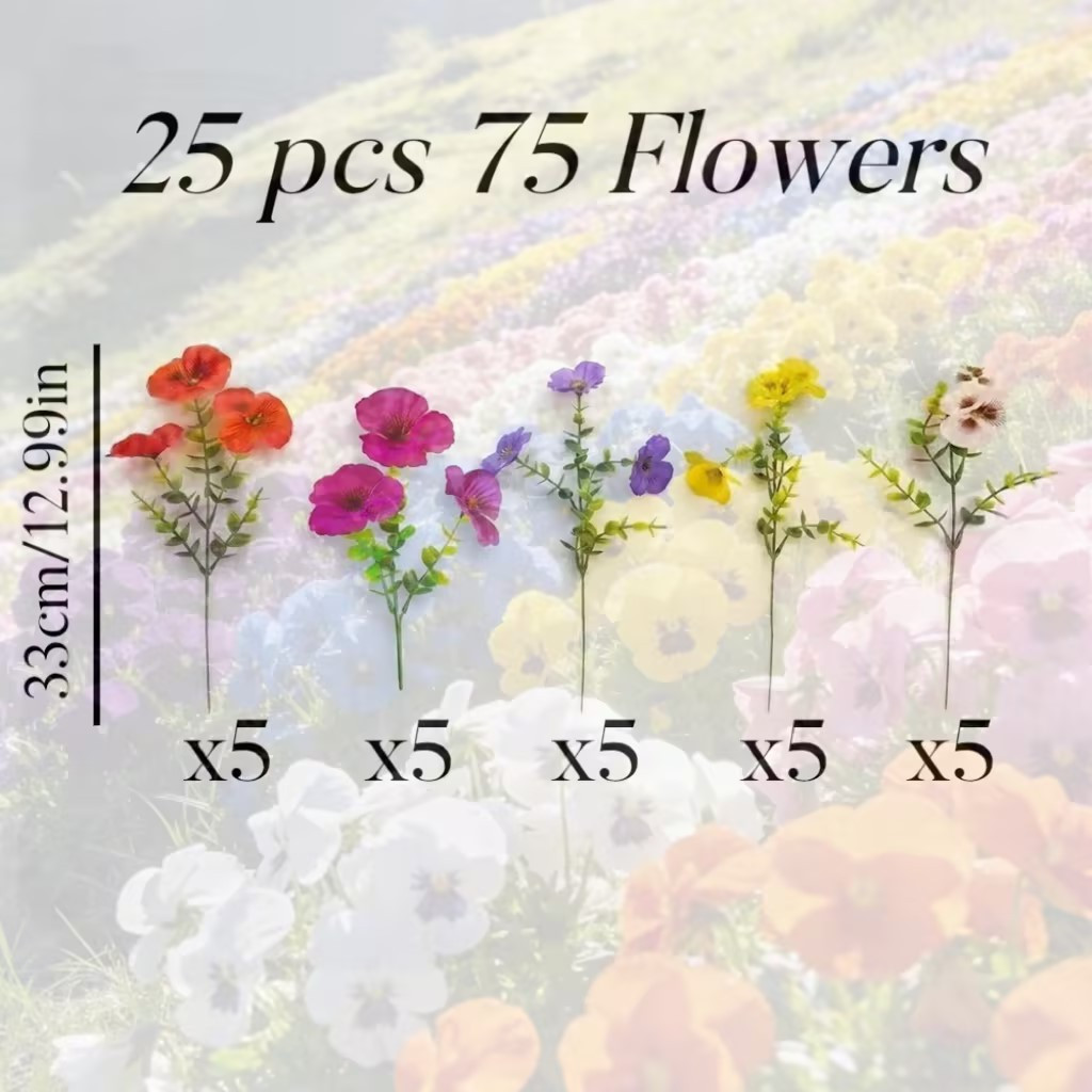 TEMU 25pcs Realistic Artificial Pansy Flowers, Multicolor Faux Flowers With Bouquet, Uv & Weather Resistant, Fade Resistant & Durable, Easy Outdoor