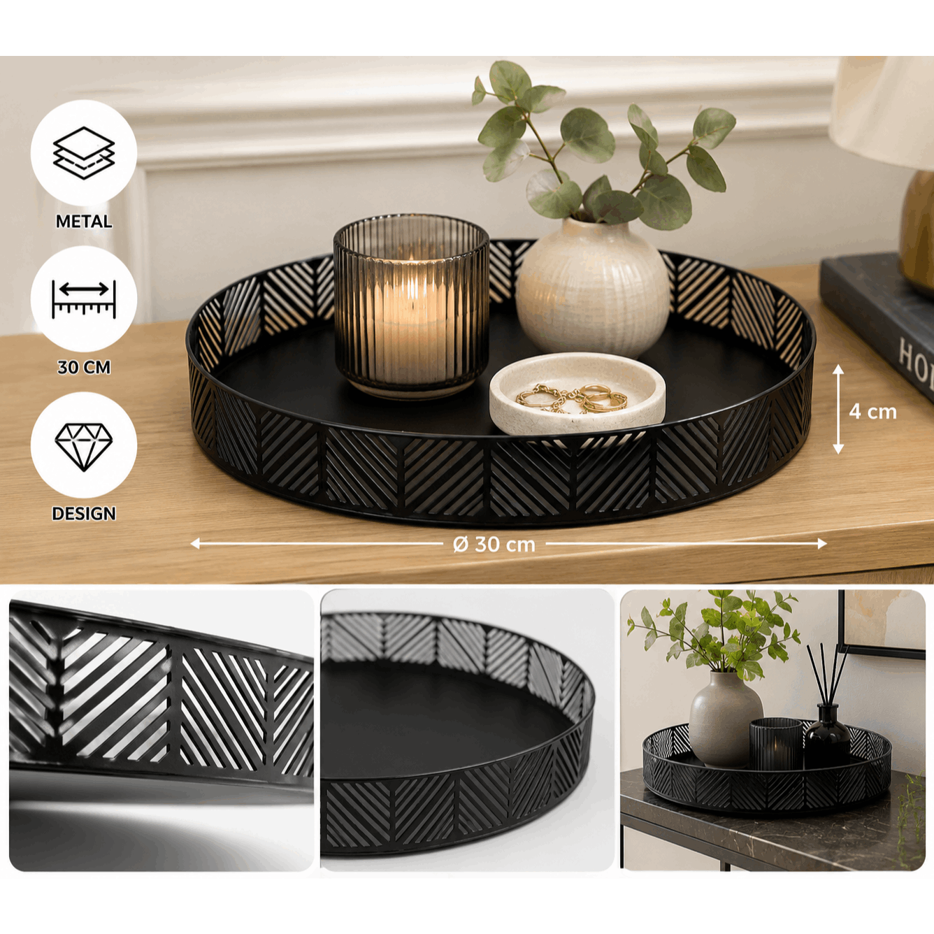 Round Decorative Metal Plate In Black – Presentation Basket – Ø 30 Cm