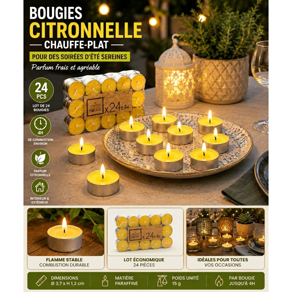 TEMU Lot de 24 Bougies Chauffe-Plat à la – 4 Heures de Combustion – Bougies Parfumées pour Terrasse, Jardin, Balcon et Réceptions