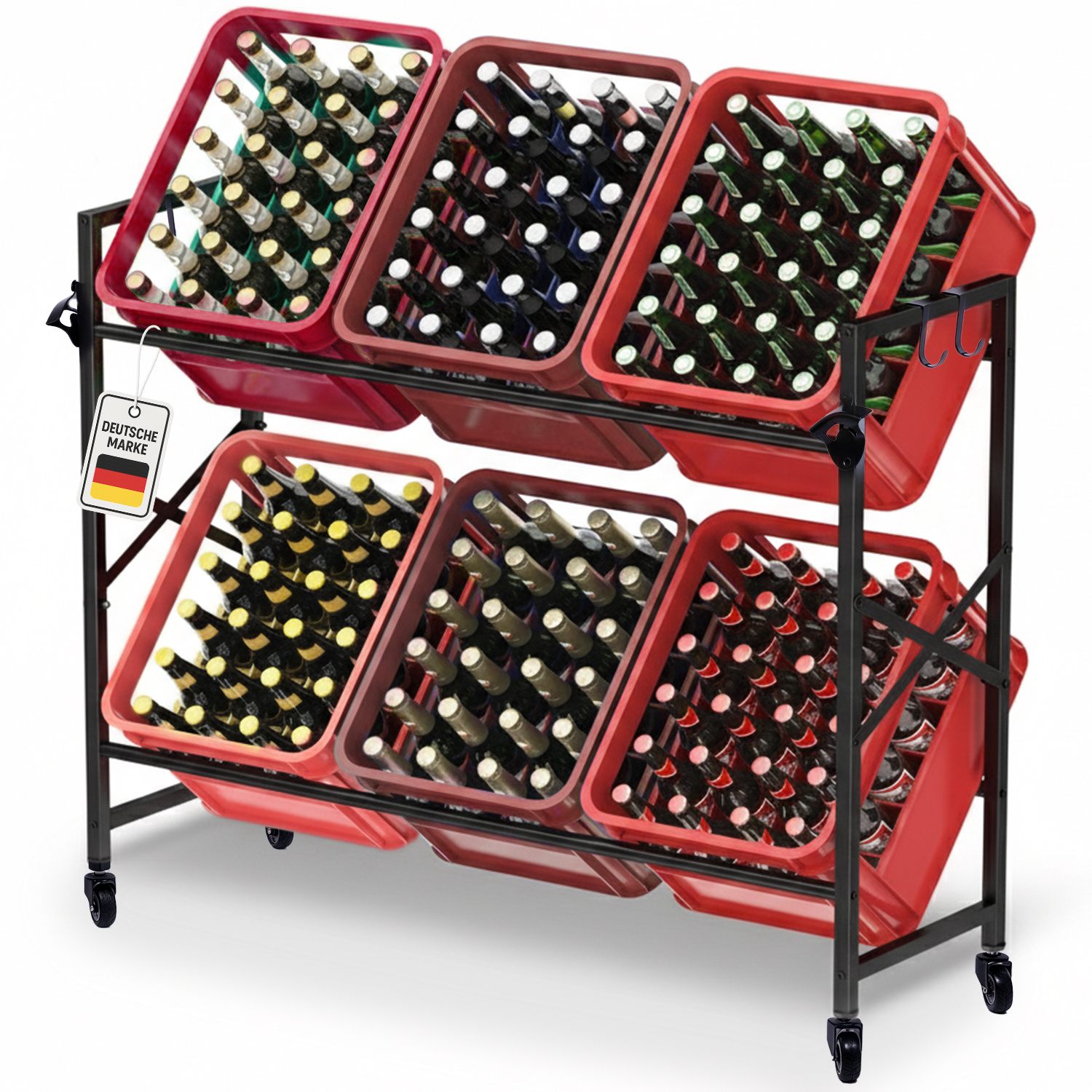 Image of Roxlin Beverage Crate Rack For 6 Crates – Sturdy Heavy-duty Metal Shelf With 360° Wheels, Hooks & Bottle Opener – Mobile Beverage Crate Stand For Beer & Water Crates, Kitchen, Basement & Pantry