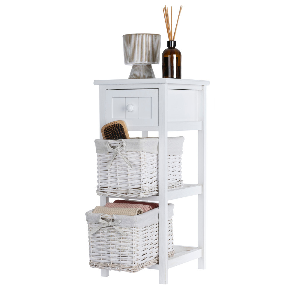 Wicker 2-Tier Bedside Table Unit, White