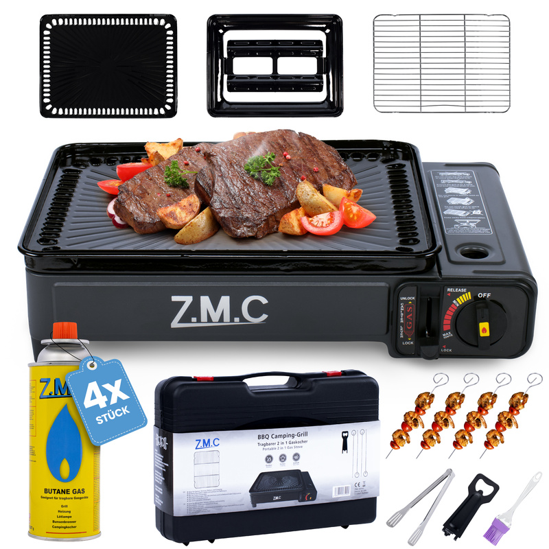 E-shop ZMC 2-in-1 Gasgrill & Campingkocher 2,2 kW mit -Zündung | Tischgrill & Gaskocher inkl. 4x 227g Butan-Kartuschen, Grillplatte, Grillgitter,