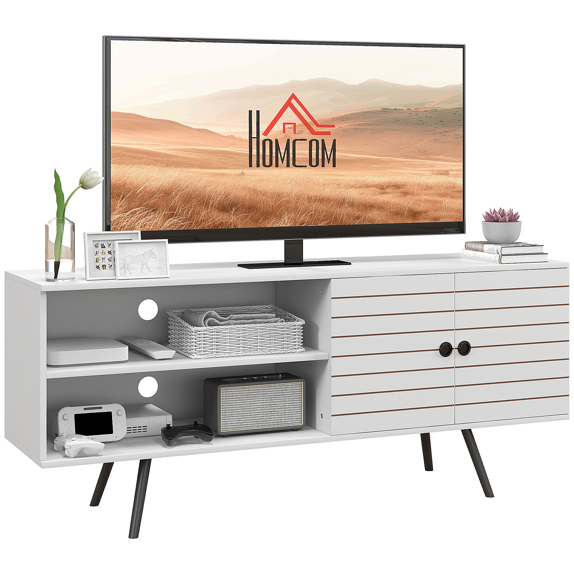 Homcom Tv Stand Bench For Tvs Up To 65 Inches With 2 Open Compartments And 1 Adjustable Shelf, 145x38x65 Cm, White