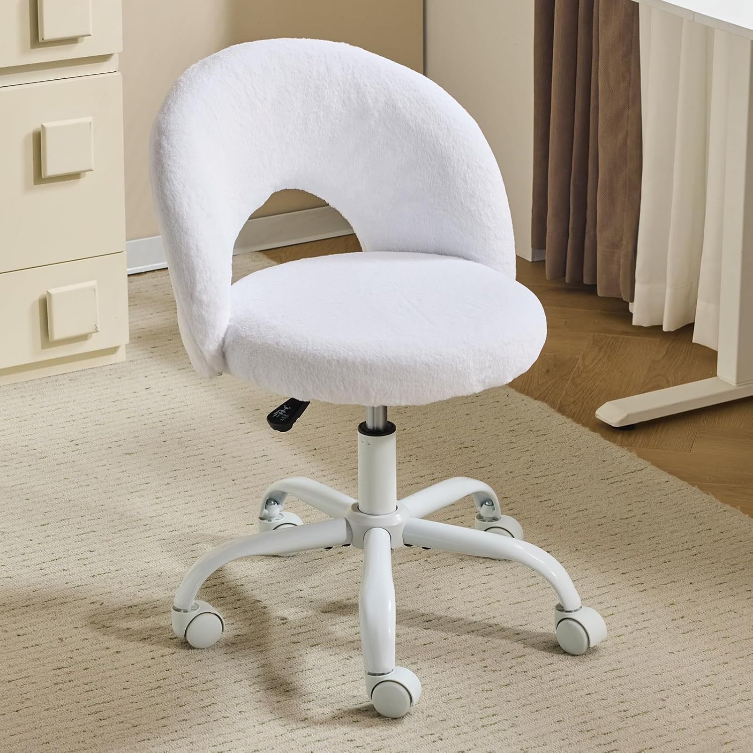 Image of Home Office Chair, Desk Chair, Vanity Chair, Armless Office Chair, Swivel Chair With Wheels, Height Adjustable, For Home Office, Makeup, Faux Rabbit Fur