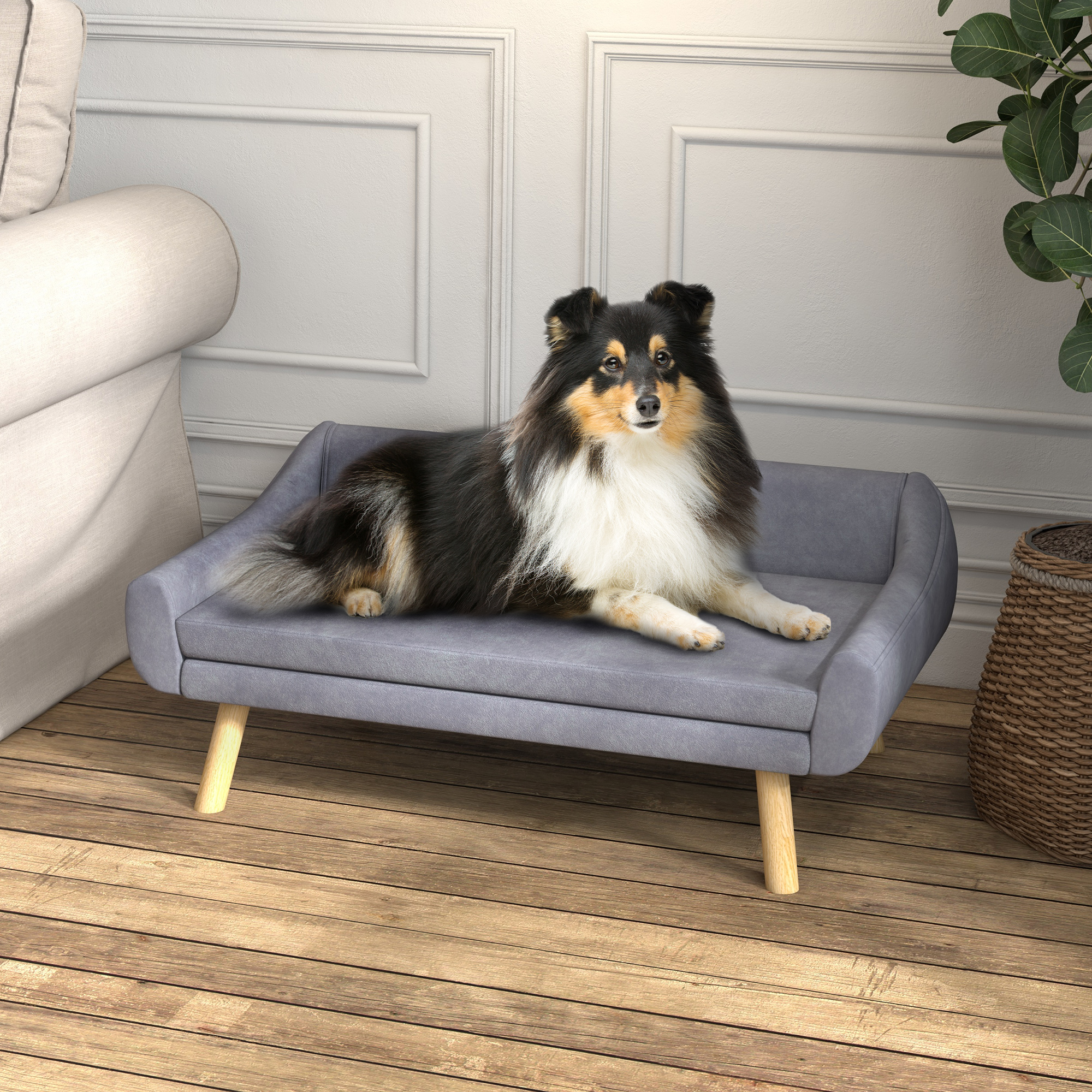 Dog Sofa Cat Sofa With Backrest, Dog Couch With Wooden Legs, Pet Sofa With Cushion, Dog Bed For Medium And Large Dogs, Velvet, Grey, 102 X 58.5 X 42.5 Cm