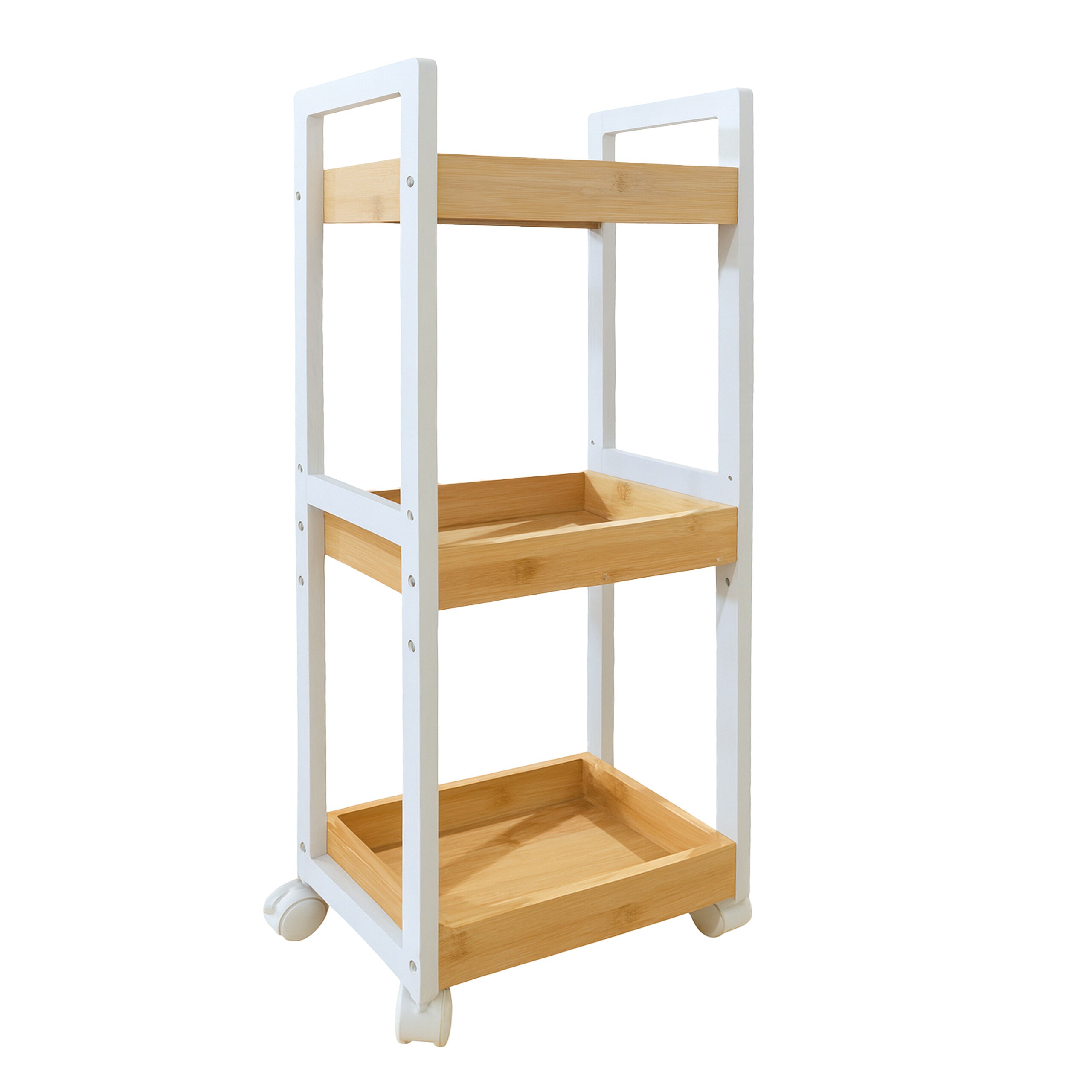 TEMU Carrito , 3 estantes, 80 x 30 x 20 cm, bambú y MDF, natural-, estante central regulable , 4 ruedas con 2 frenos, almohadillas de fieltro, para