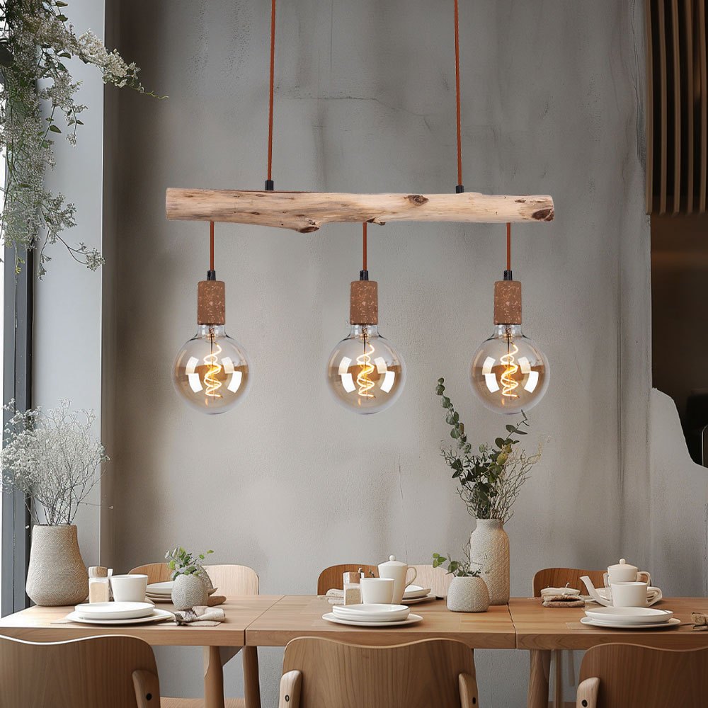 TEMU Hängeleuchte Holz Esstisch Lampe Küche hängend Retro Deckenleuchte Vintage Pendelleuchte 3 flammig, Metall Holz rostfarben, 3x E27, LxBxH
