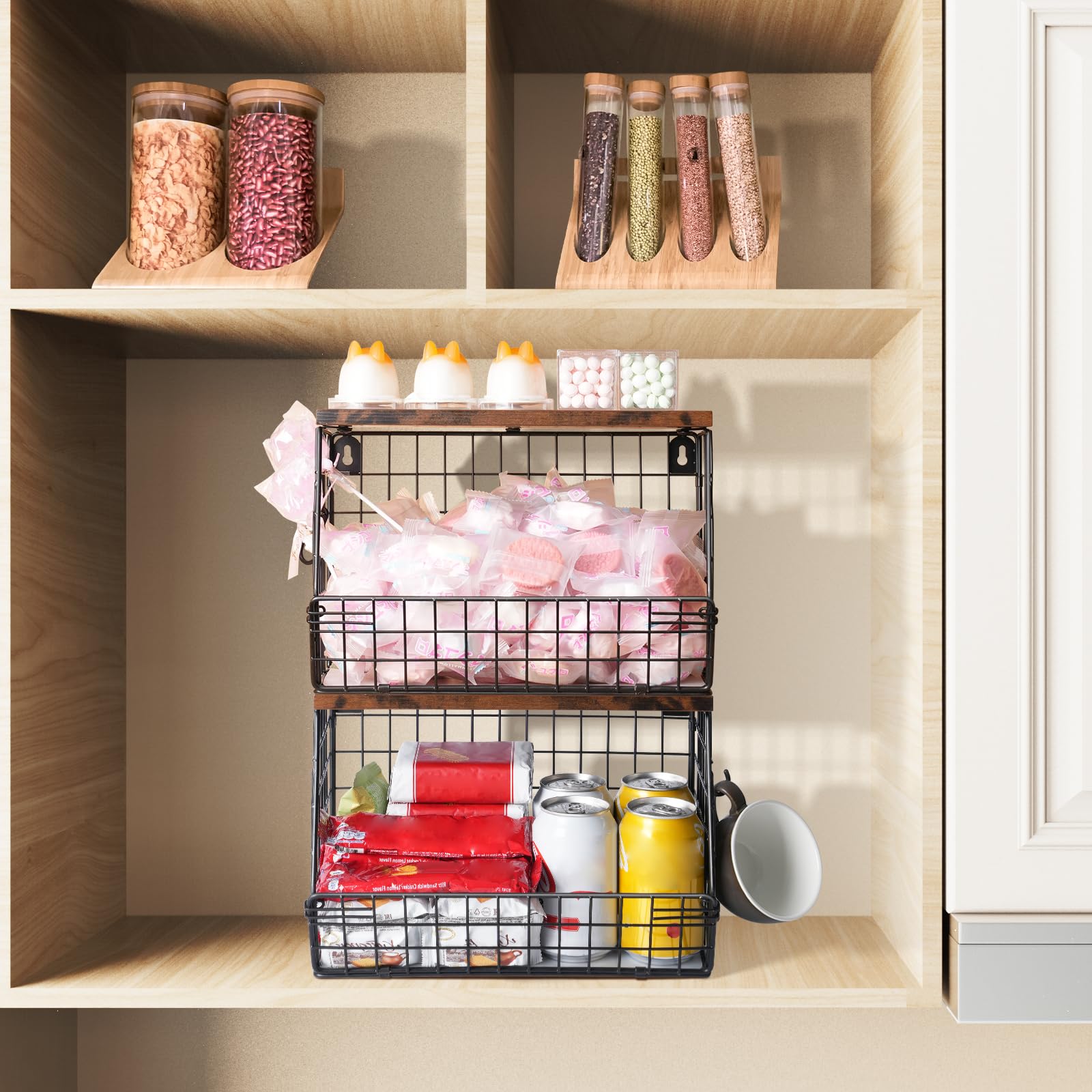 2-Tier Stackable Kitchen Storage Rack with Wooden Boards