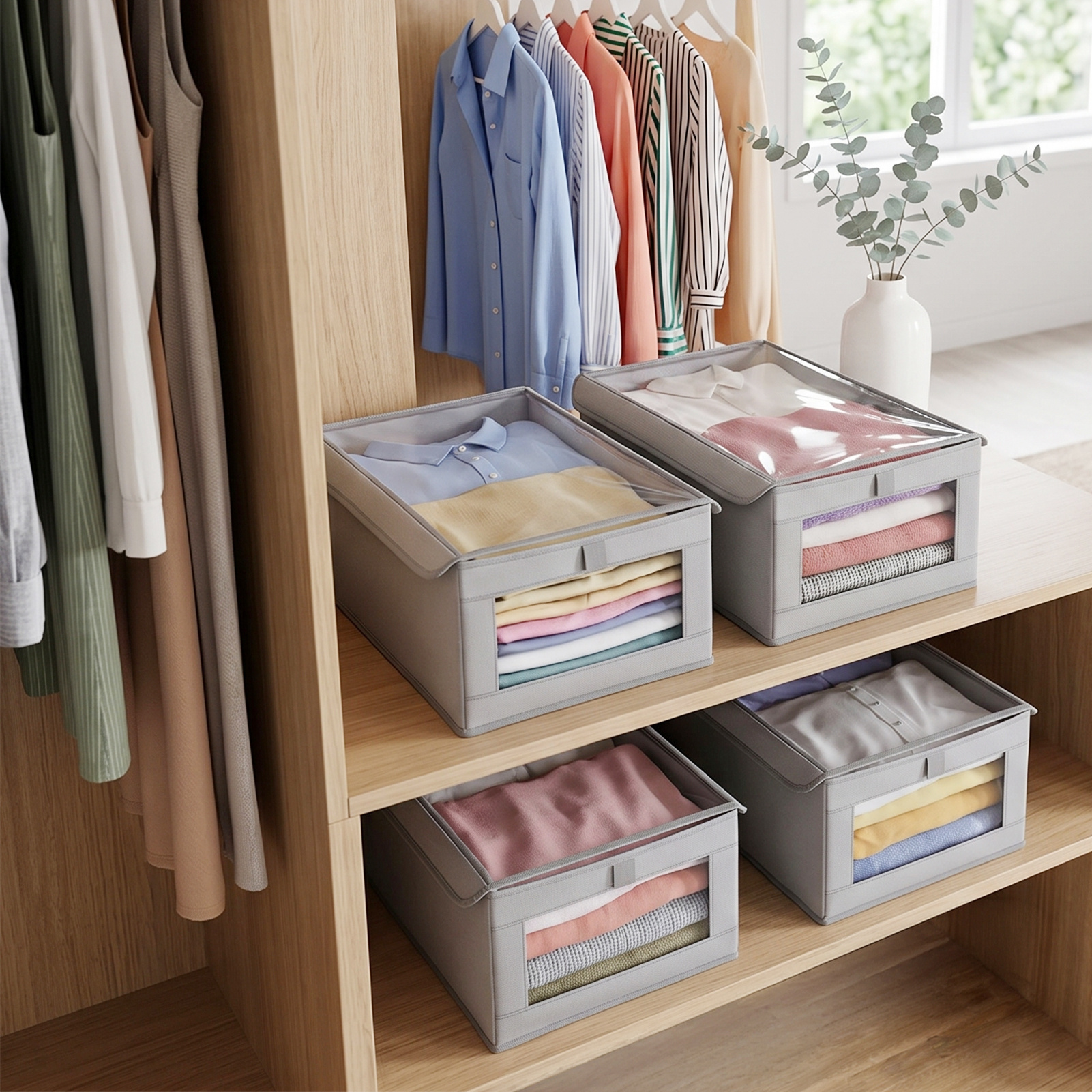 Set of 4 Large Foldable Stackable Grey Garment Storage Boxes