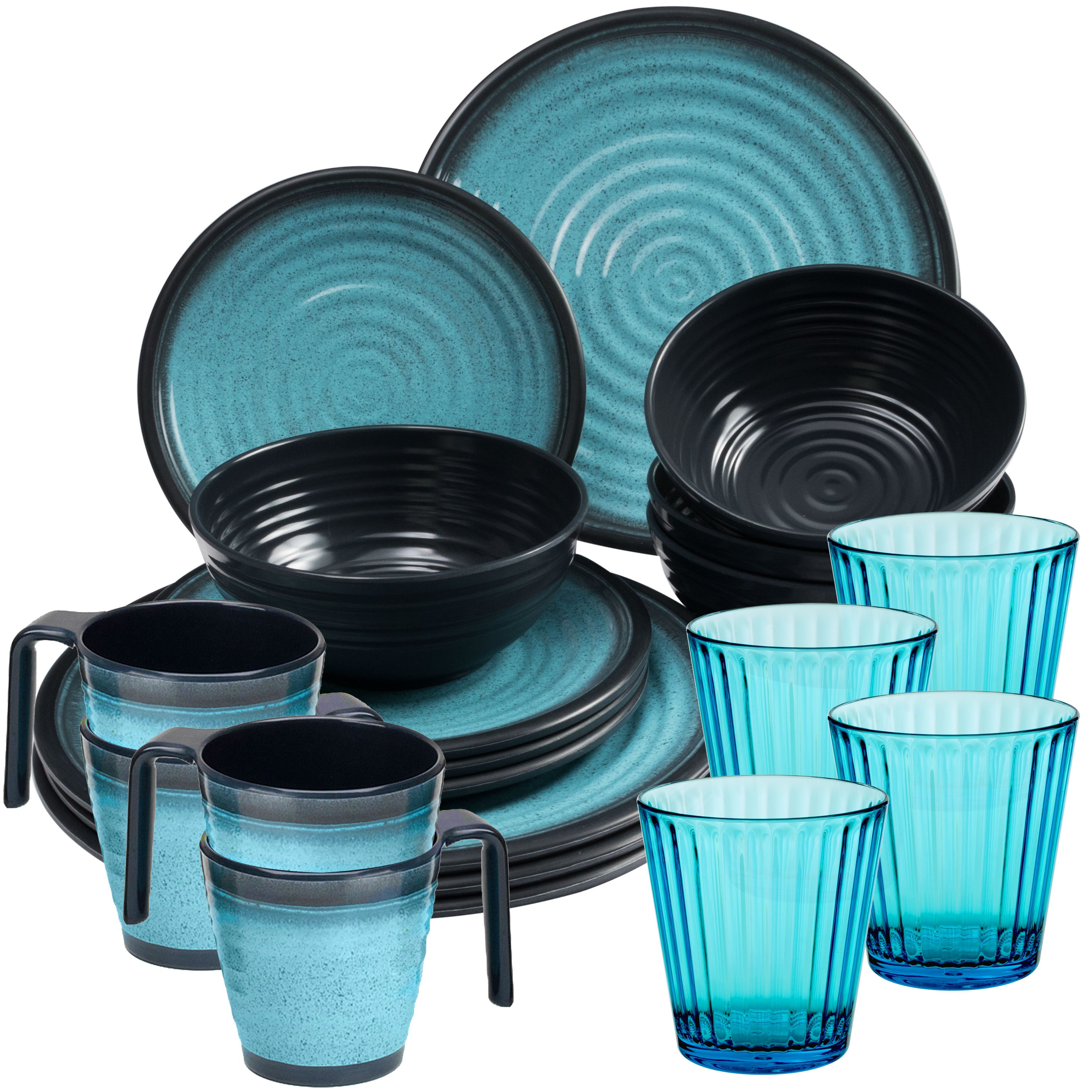 Image of Camping Tableware For 4 People, - 20 Pieces - With Cups And 360ml Blue Drinking Glasses, Camping Dinnerware, Glassware, Whiskey Glasses, Picnic & Outdoor Camping Set