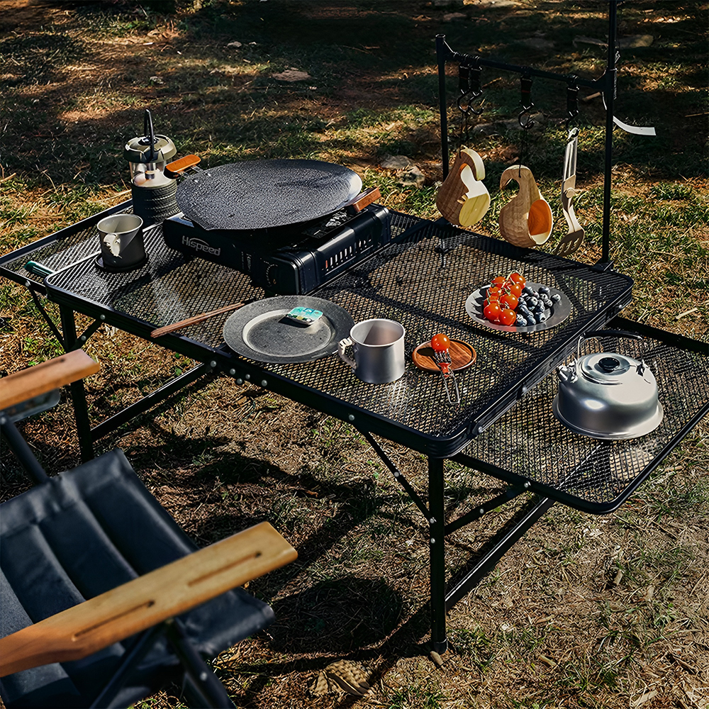 TEMU Folding Metal Outdoor Table With Side Shelves, Picnic And Barbecue Table, Lightweight Equipment, Height-adjustable Garden Table, Suitable For