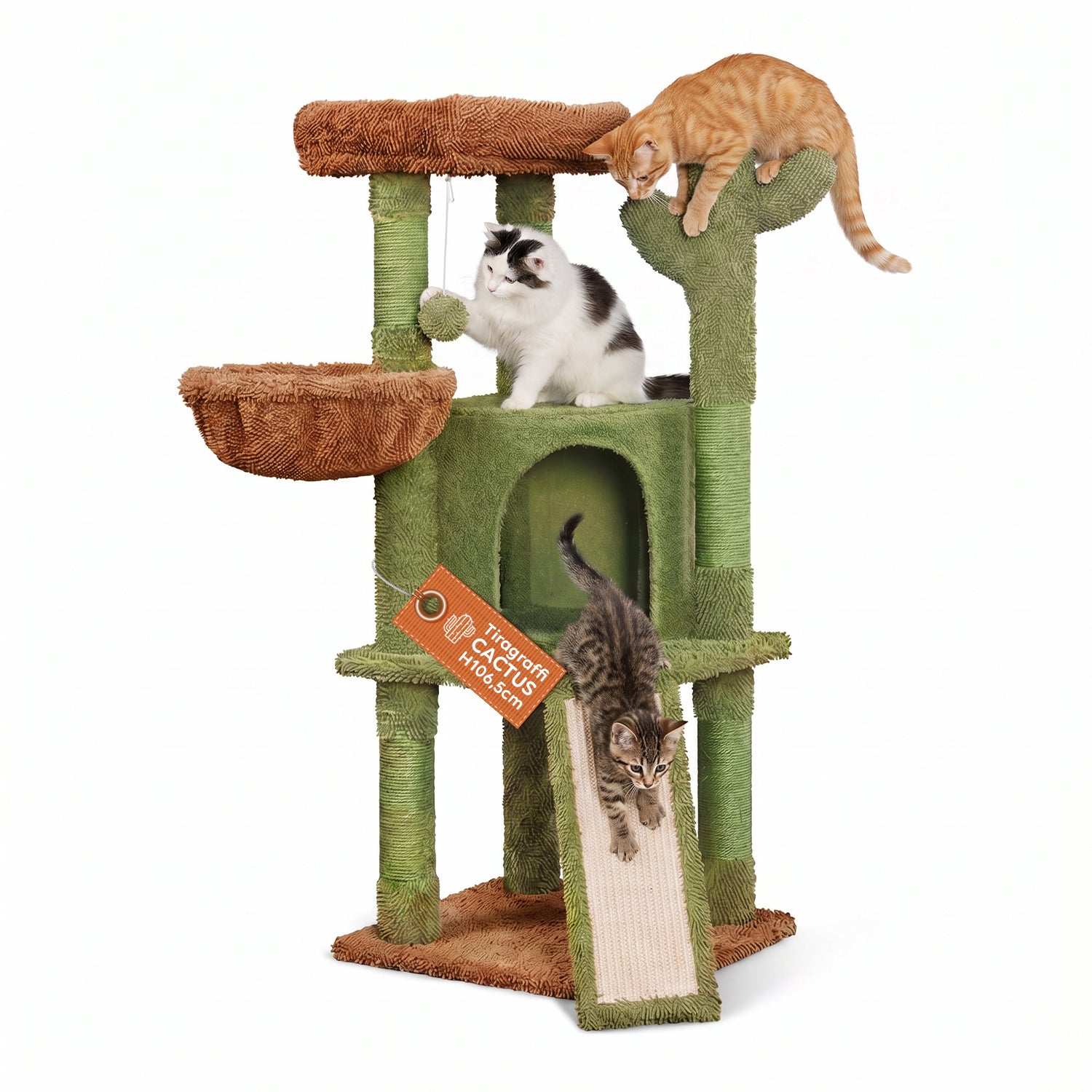 Cactus-shaped Cat Scratching Tree, 106.5 Cm - Natural Sisal , Basket Bed, And Play Ball