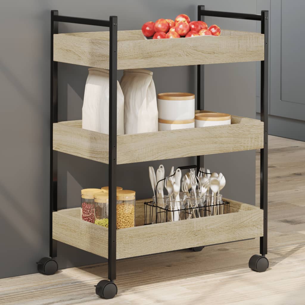 Vidaxl Kitchen Cart, Serving Trolley With Storage Space, Rolling Cart For Kitchen Bar, Vegetable Cart, Multipurpose Kitchen Trolley, Oak Wood Material