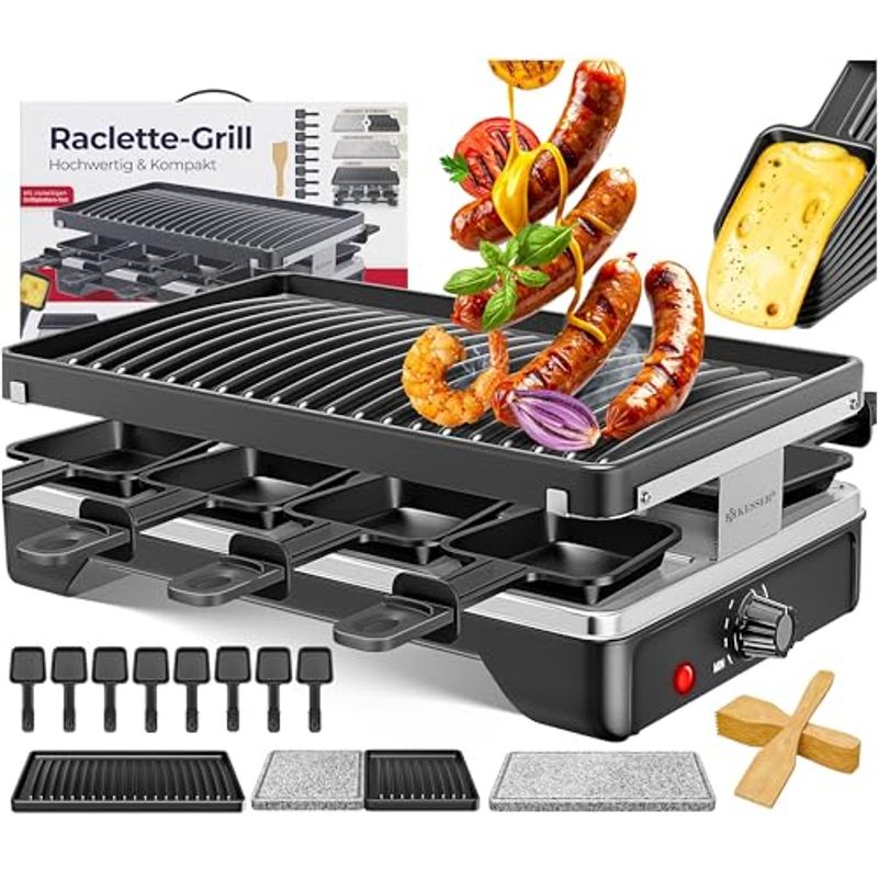 Image of Kesser® Raclette Grill With Stone, Tabletop Grill For 8 People, Electric Raclette Grill With Coated Grill Plate, 8 Pans And Wooden Spatula 1200w