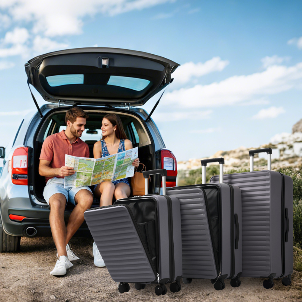 Three-piece Suitcase Set 20/24/28 Inches With Front Opening And Foldable Drink Holder, Abs Material, , 360° Double Wheels And Metal Telescopic Handle For Comfortable Travel