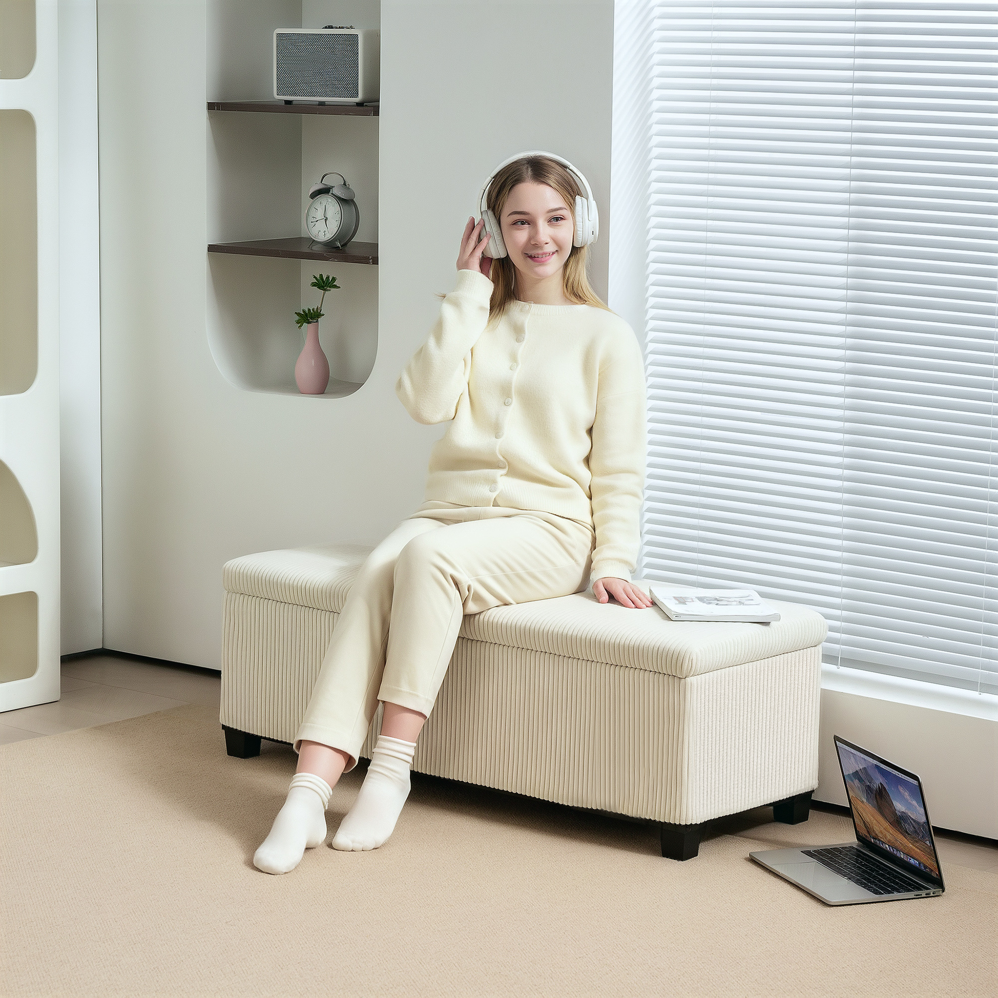 Bench With Storage, Upholstered Bench 112 X 42 X 40 Cm With Removable Lid, Corduroy Look, Bench Seat Trunk For Living Room, Bedroom, Hallway, Beige