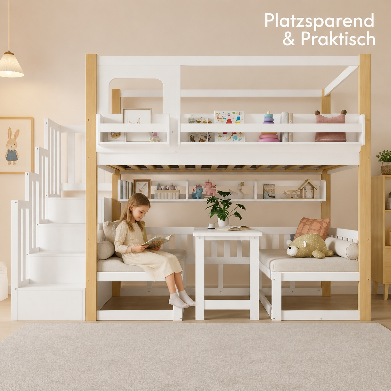 90x200cm High Bed With Foldable Table & Storage Ladder – Height-adjustable Seating Group Or Second Sleeping Level, Pine Wood- Construction, Safety Railing Above, For Living Room, , Shared Flat, .