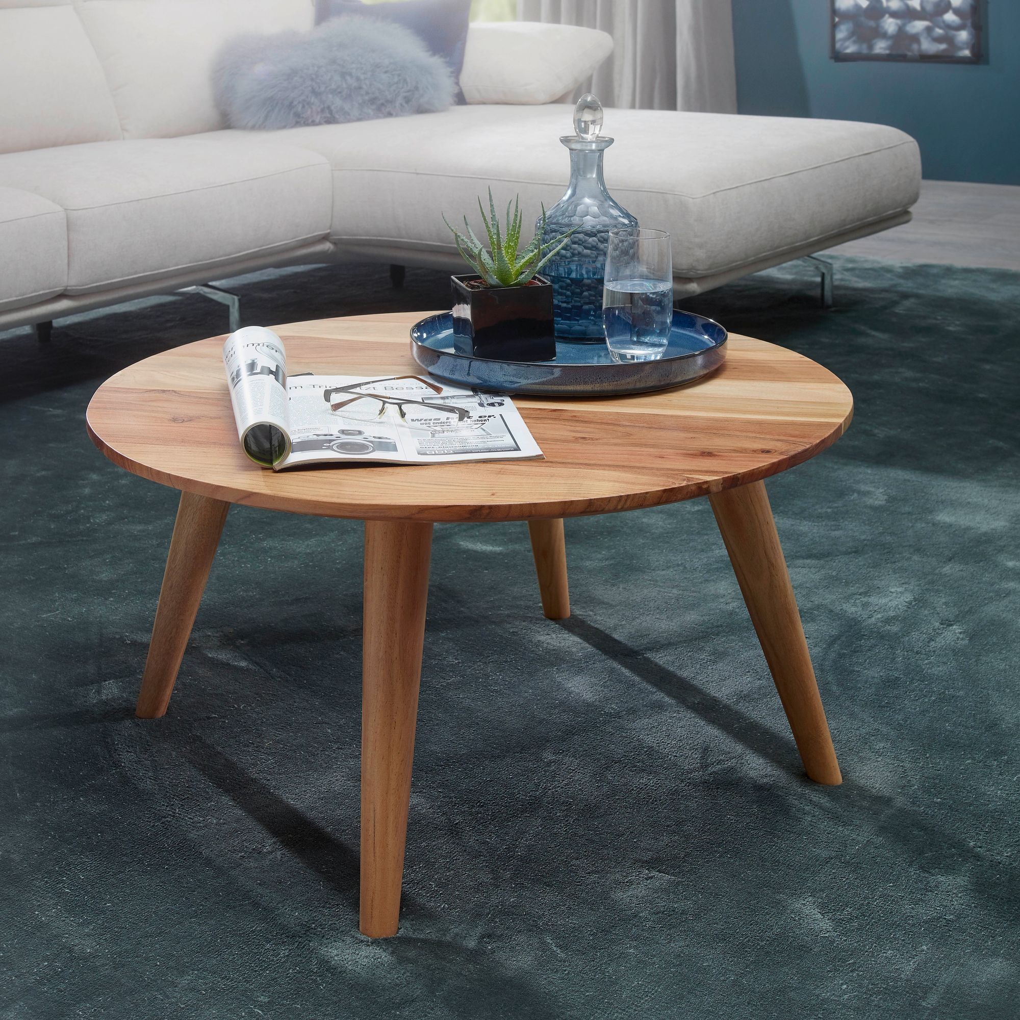Image of Solid Wood Acacia Coffee Table, Round Living Room Table Ø75 X 40 Cm, Side Table With In Country House Style