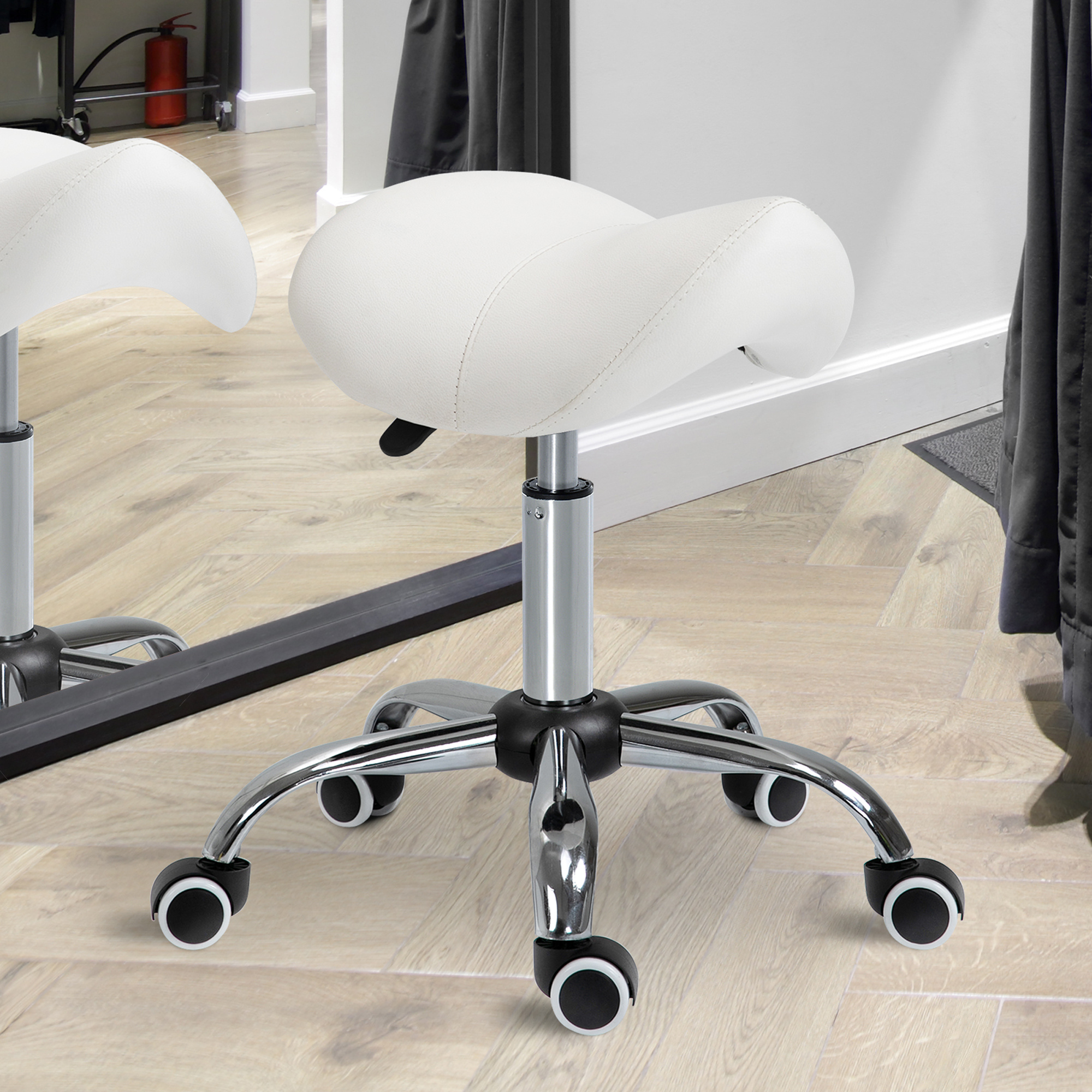 Stool, Work Stool, Swivel Chair, Swivel Stool, Rolling Stool, Cosmetic Stool, Padded, Height Adjustable (white)
