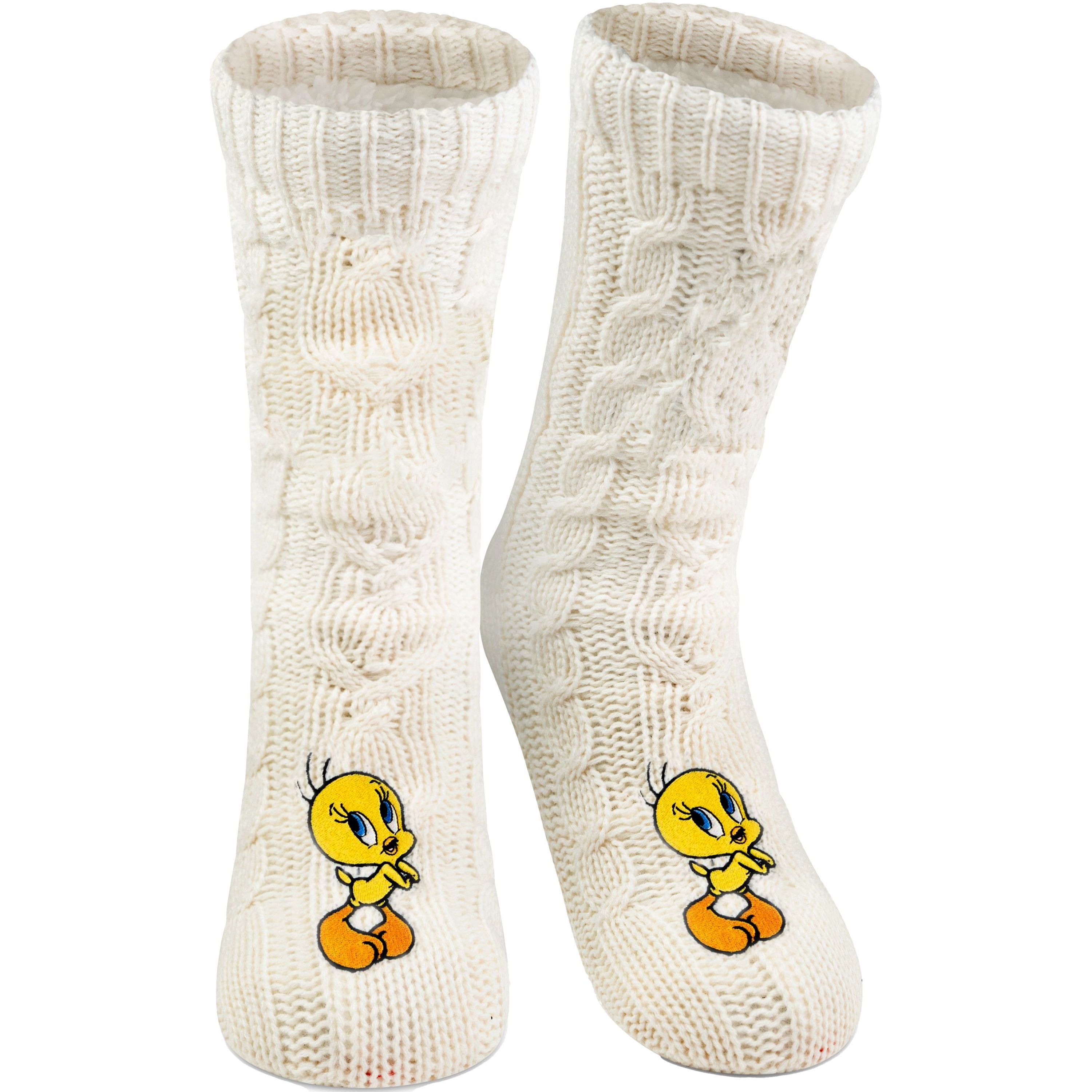 Image of Looney Tunes Tweety Cozy Slippers - Knit House Socks For Women Plush Winter Socks Warm Women's Socks White