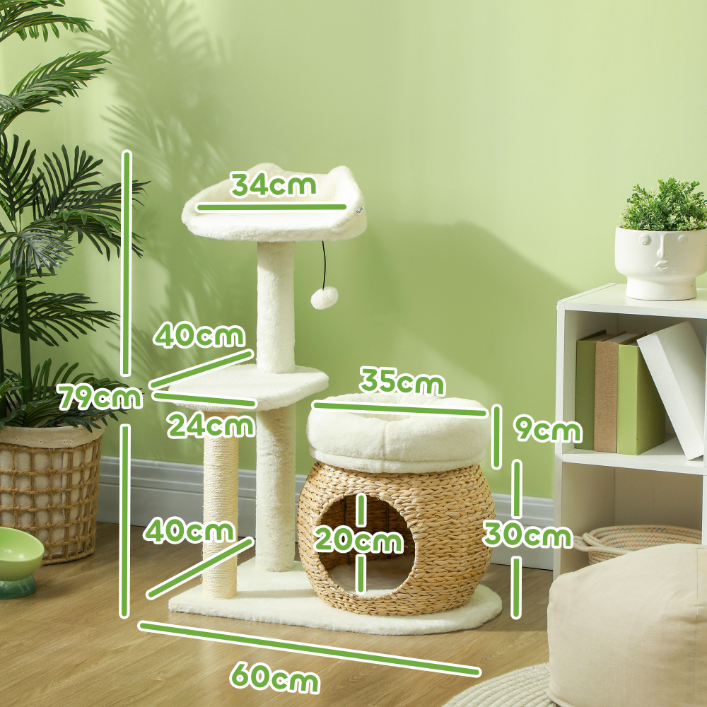 Arbre à chat PawHut 79 cm avec niche, lit, balles de jeu et griffoirs en sisal, pour chats jusqu'à 5 kg, blanc crème