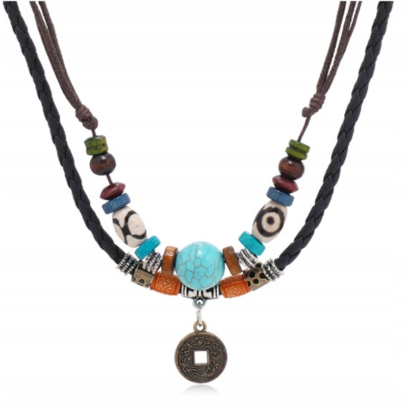 Image of Men's Leather-wood Ethnic-style Necklace With Turquoise And Coin, Leather Finish, Crystals, For The Neck, Fashion Jewelry, For Daily And Evening Styling, Decorative Neckline Accent