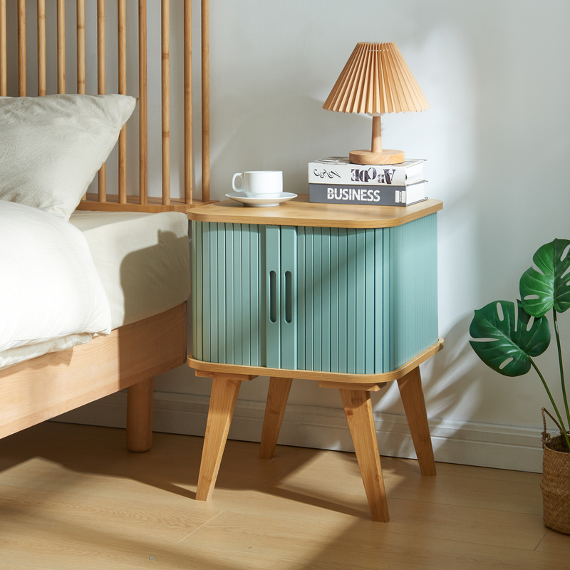 Image of Tysvær Side Table With 2 Sliding Doors, 58 X 45 X , Bamboo / Blue