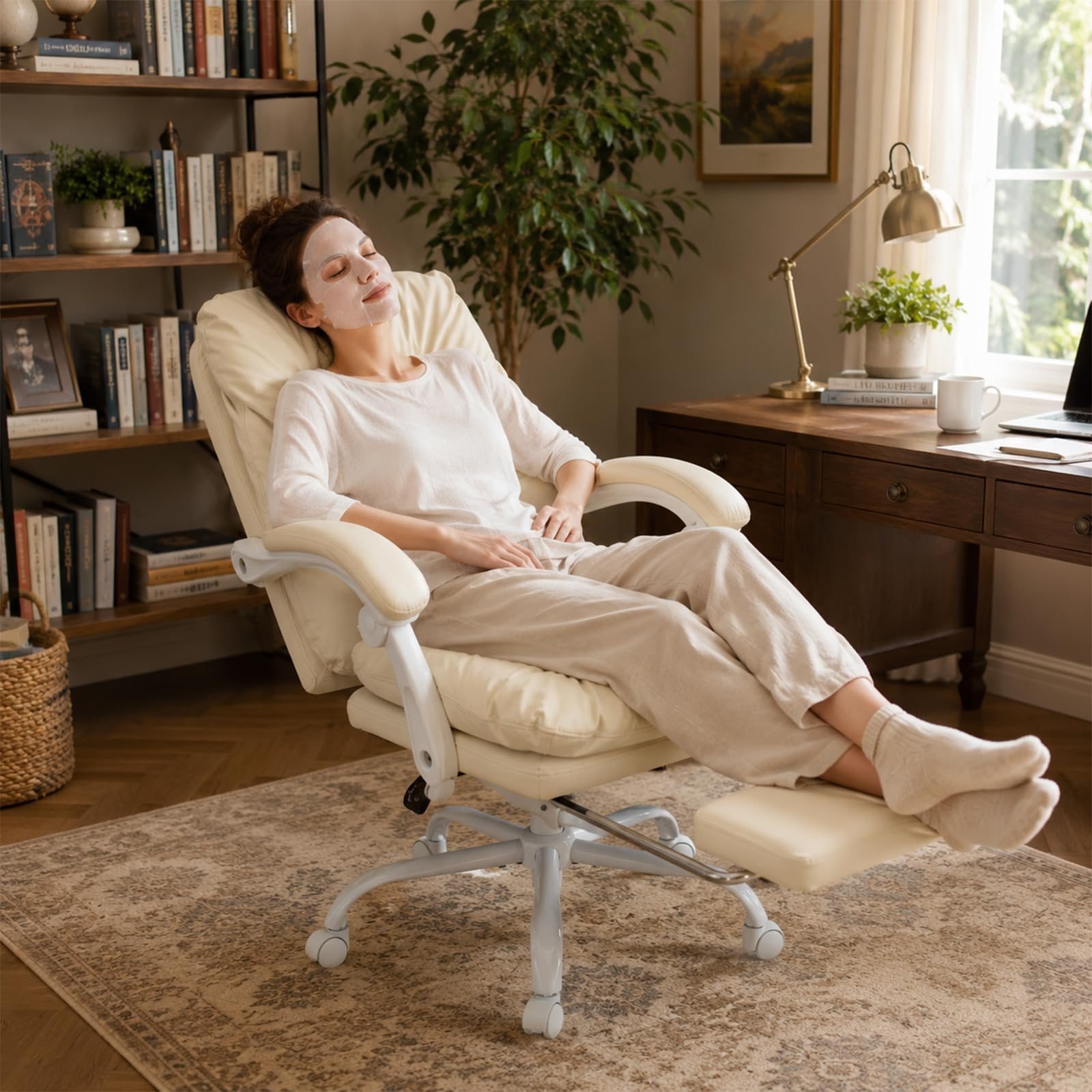 Image of Ergonomic Office Chair With Footrest, High Padded Backrest, White Frame, Beige