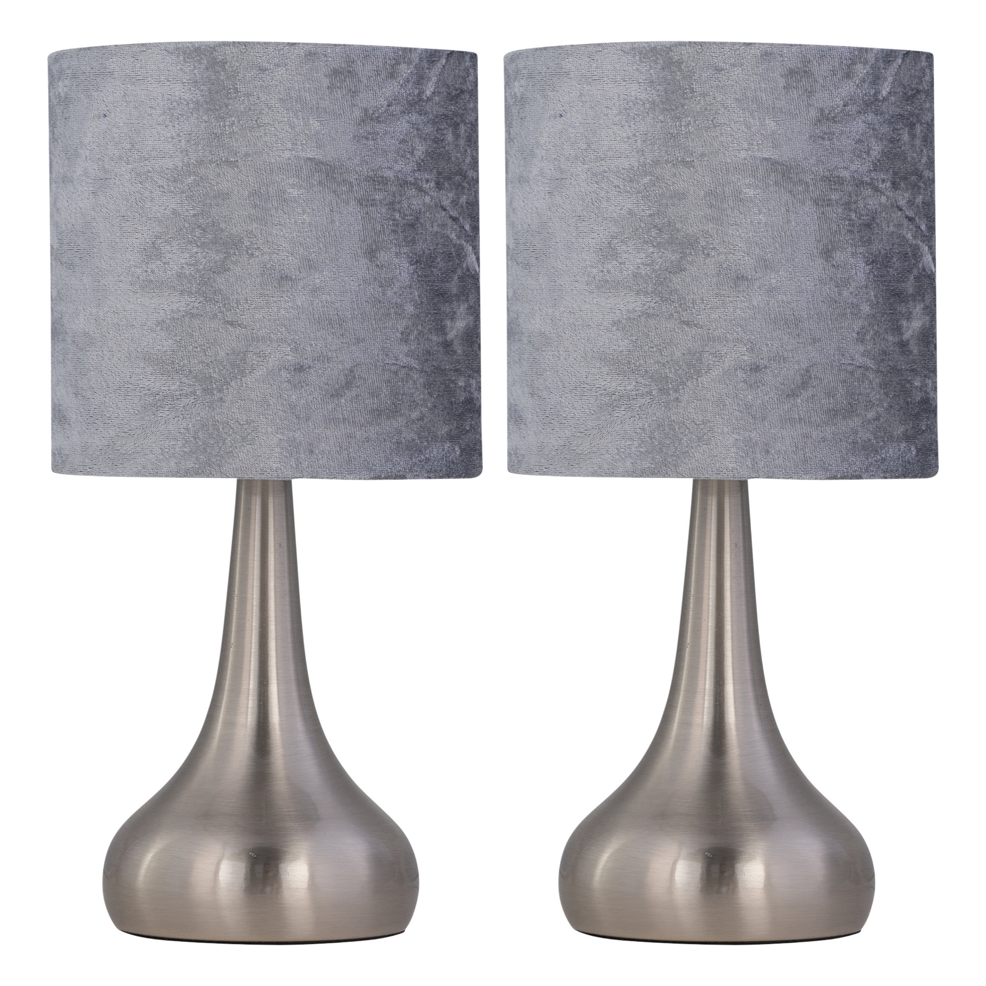 TEMU Set Of 2 - Brushed Chrome Touch Table Lamps Grey Velvet Shades