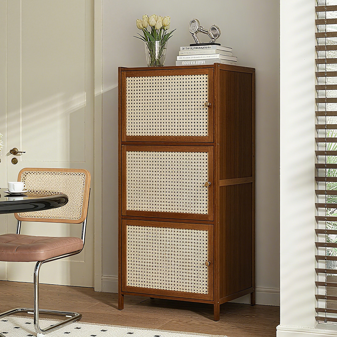 TEMU Rattan Door Bamboo 3-tier Storage Cabinet, Freestanding Wooden Bookshelf With 3 Compartments, Rustic Sideboard For Kitchen Pantry & Living Room,